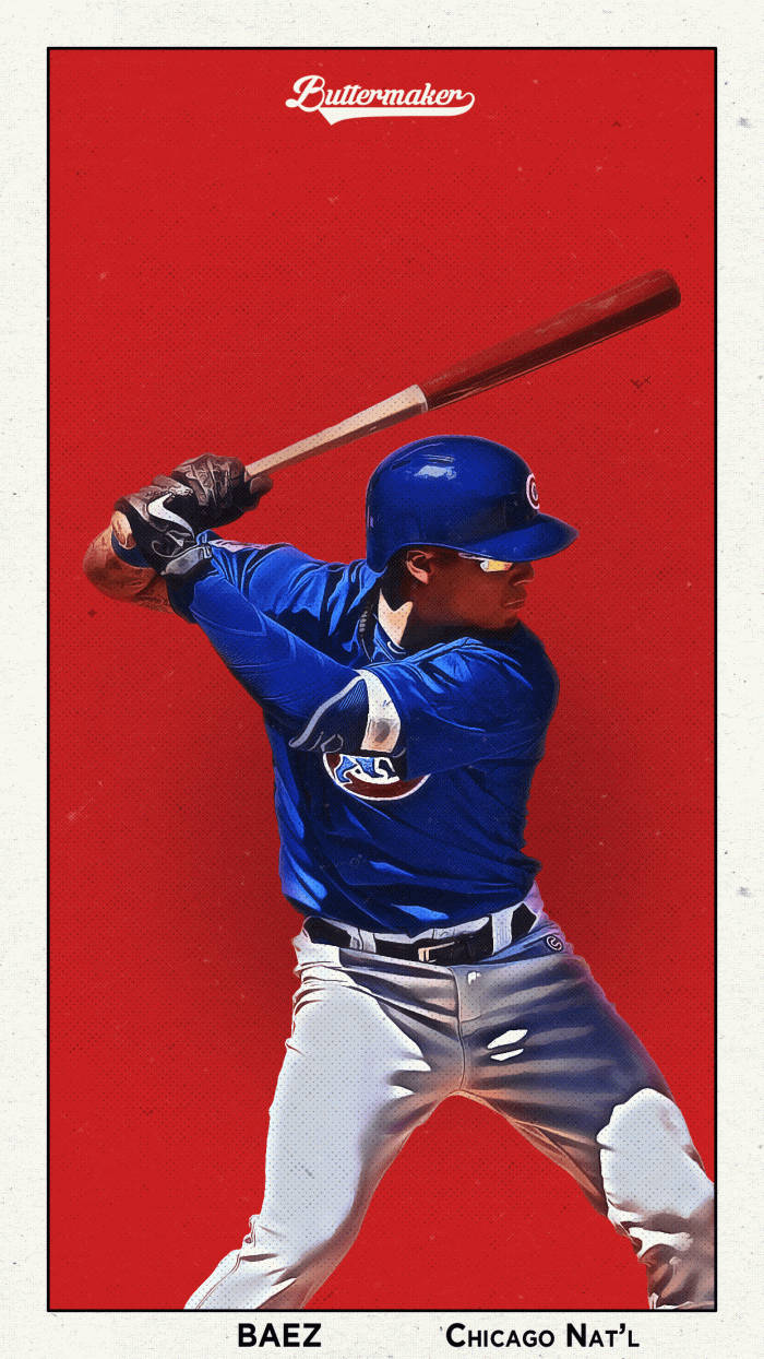Baez 桌布 壁紙 — 棒球運動員 Javier Baez 身穿芝加哥小熊隊球衣，在鮮紅色背景下揮棒中。