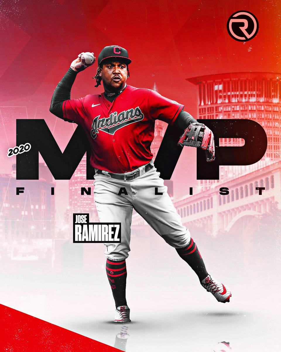 Jose Ramirez 桌布 壁紙 — 棒球運動員 Jose Ramirez 身穿紅色印第安人隊服，在風格化的紅色城市背景下投球。