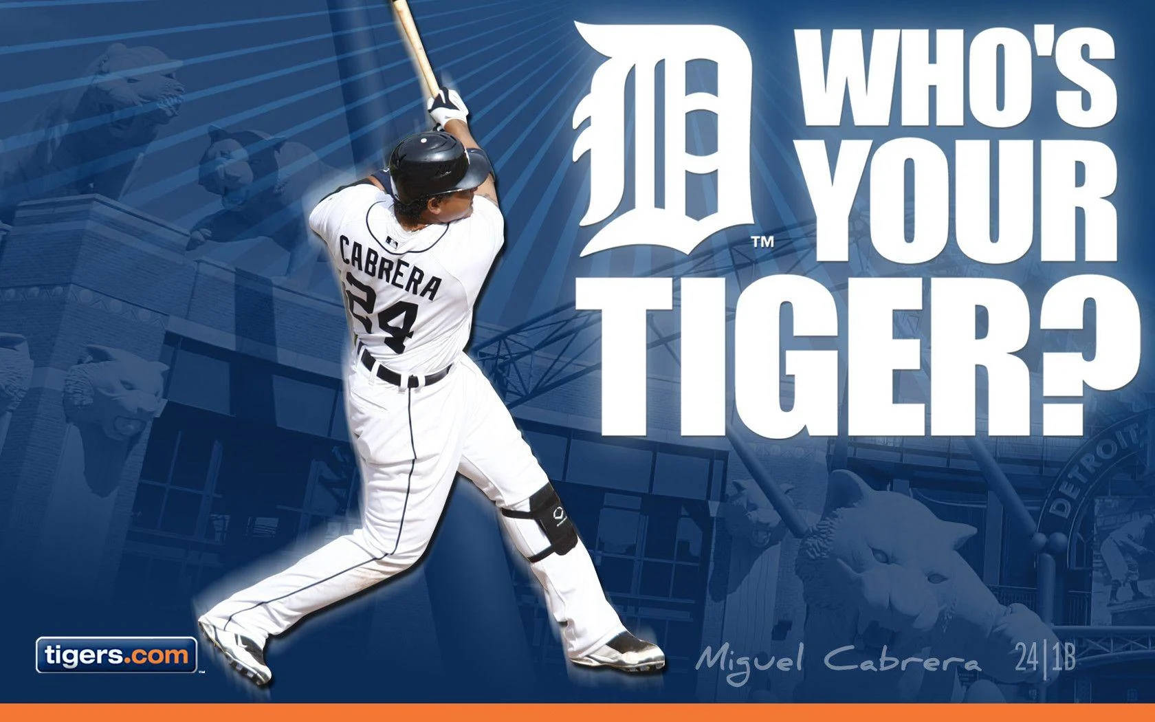 tigers 桌布 壁紙 — 棒球運動員 Miguel Cabrera 身穿白色球衣，在藍色球場背景下揮棒，並帶有 'Who's Your Tiger?' 文字。