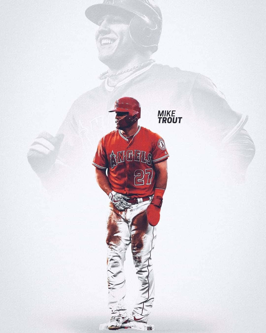 MLB Baseball League 桌布 壁紙 — 棒球運動員 Mike Trout 身穿紅色天使隊球衣，自信地站立，身後有歡樂的淡出雙重曝光效果。