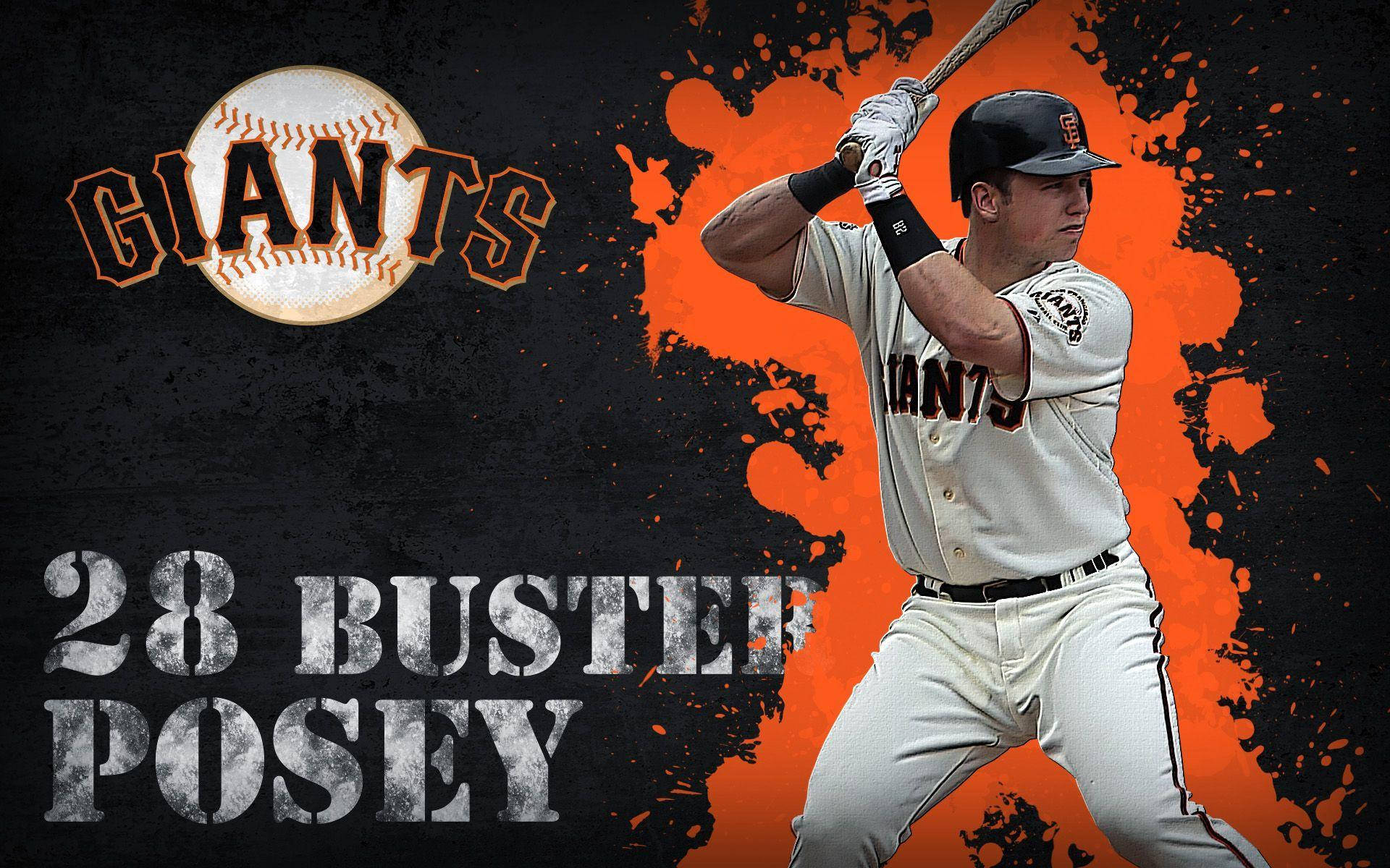 Posey 桌布 壁紙 — 棒球運動員Buster Posey身穿巨人隊球衣，在黑色和橙色潑濺背景中揮棒，背景有球隊標誌和名稱。