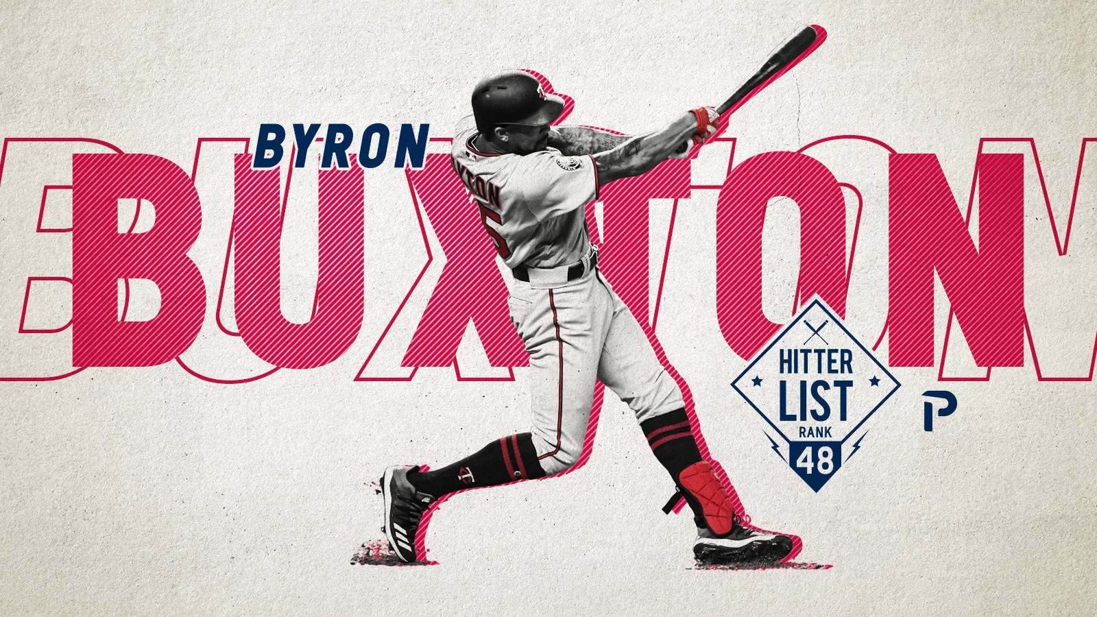 桌布 壁紙 — 棒球運動員Byron Buxton在動態揮棒姿勢中，搭配大膽粉紅色字體和'Hitter List Rank 48'圖形。