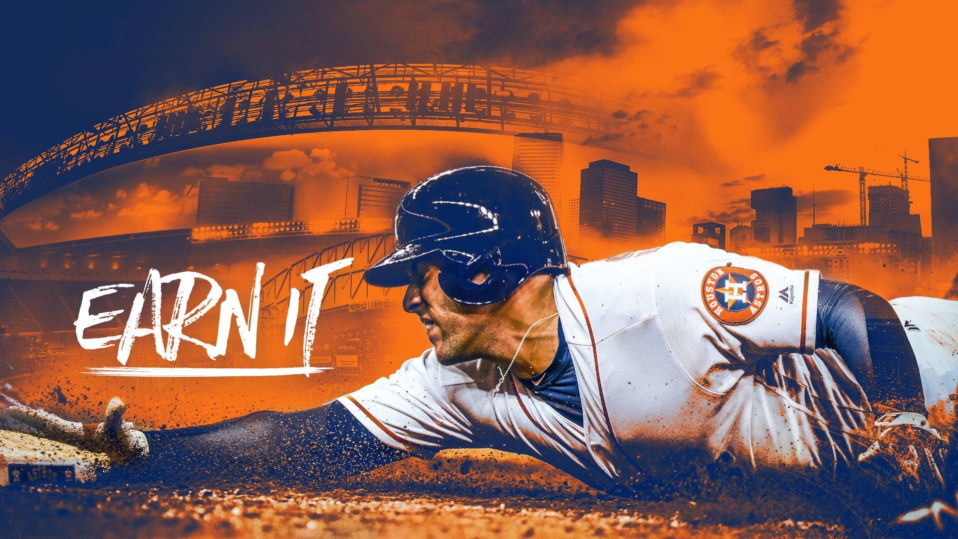 Astros 桌布 壁紙 — 棒球運動員在火紅橙色的天空和城市天際線背景下，滑進本壘板，泥土飛揚。