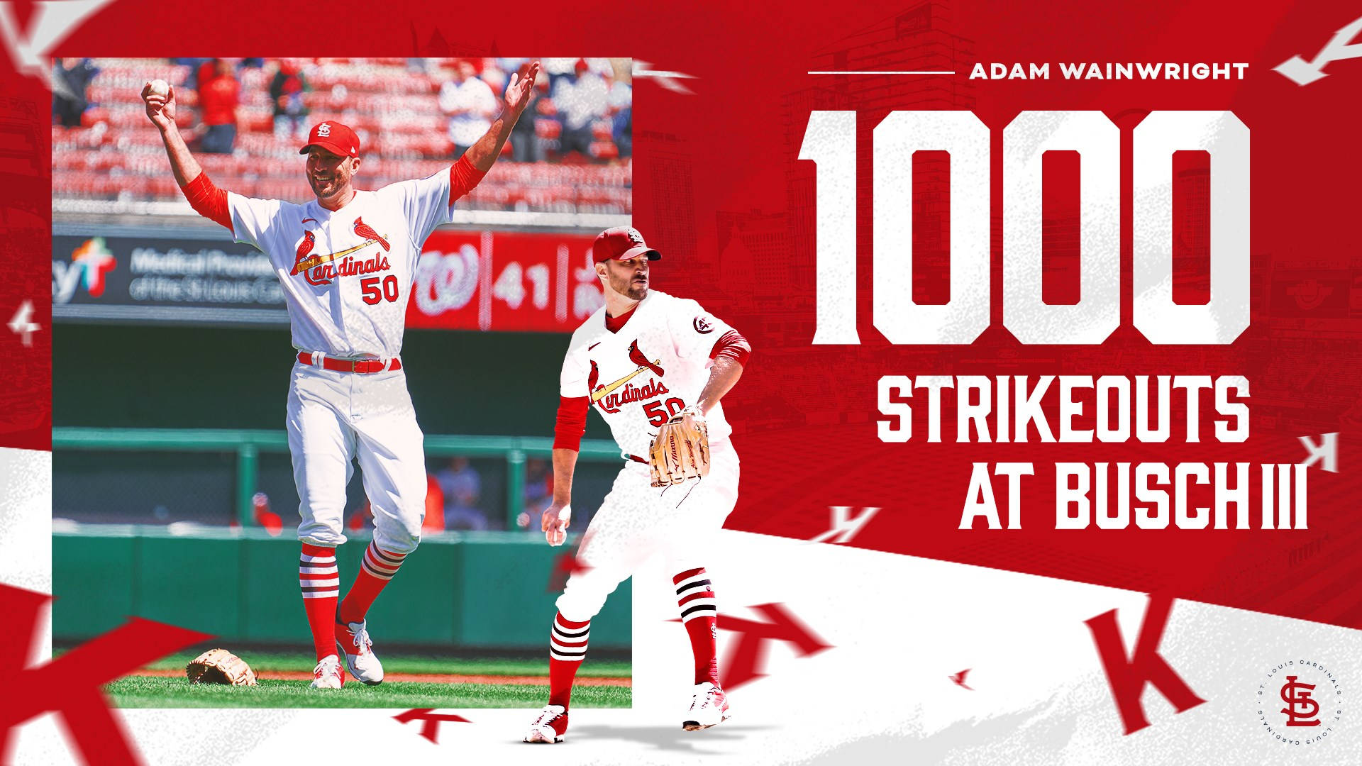 Adam Wainwright 桌布 壁紙 — 棒球選手 Adam Wainwright 在布希體育場慶祝 1000 次三振，採用充滿活力的紅白圖形設計。