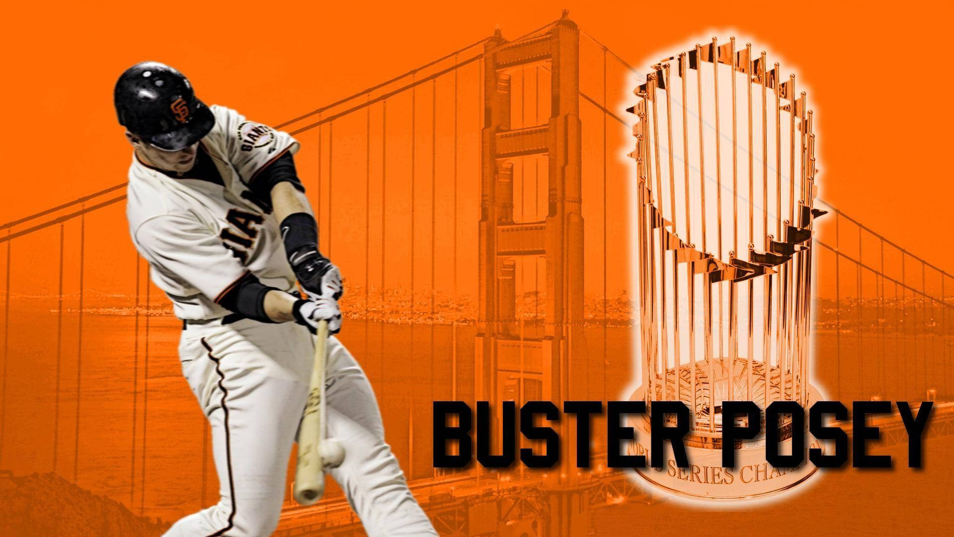 Posey 桌布 壁紙 — 棒球選手 Buster Posey 在橙色背景下揮棒，背景有金門大橋和世界大賽獎盃。