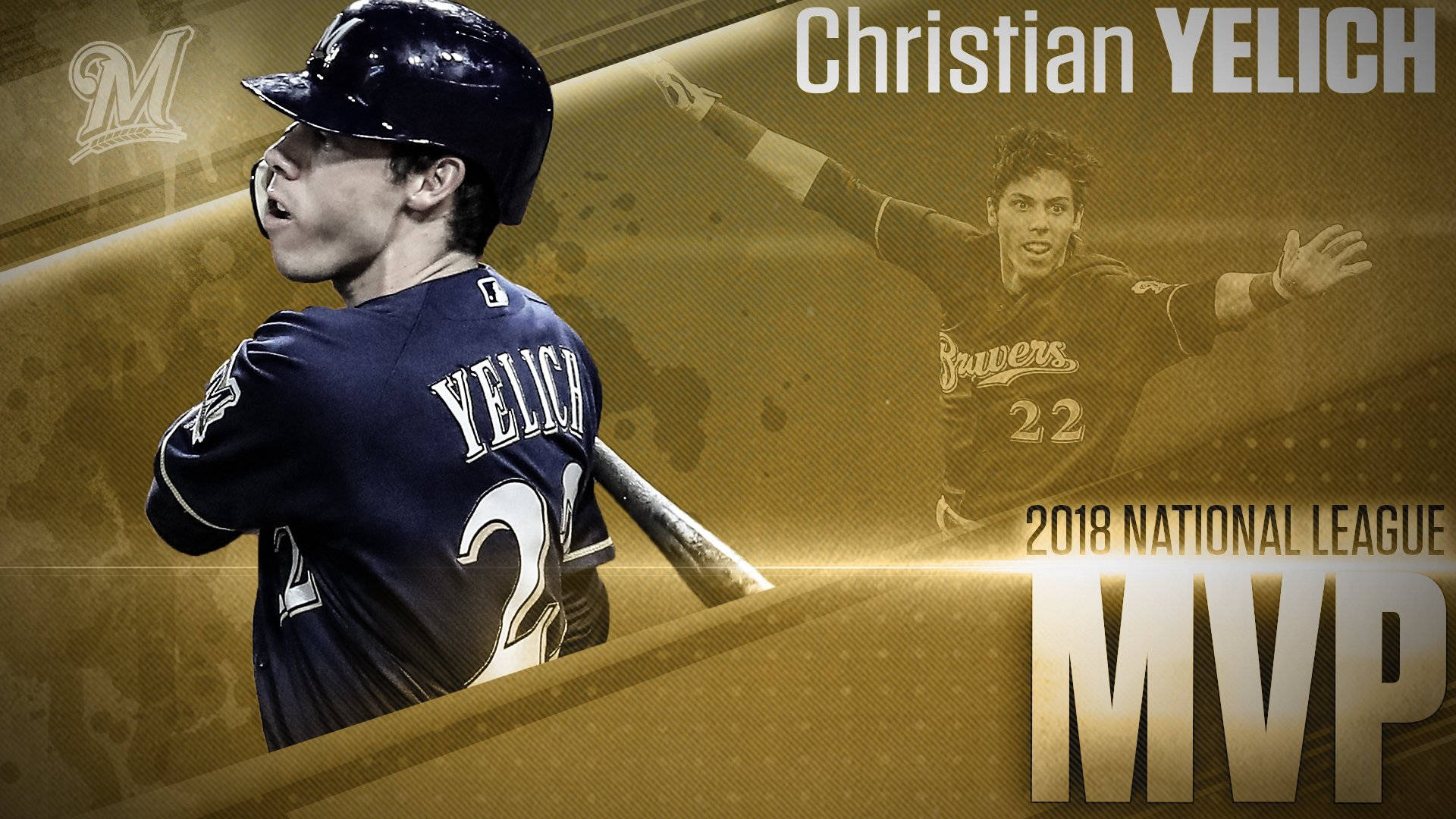 Yelich 桌布 壁紙 — 棒球選手 Christian Yelich 身穿密爾瓦基釀酒人隊制服，在金色紋理背景前慶祝成為 2018 年國家聯盟 MVP。