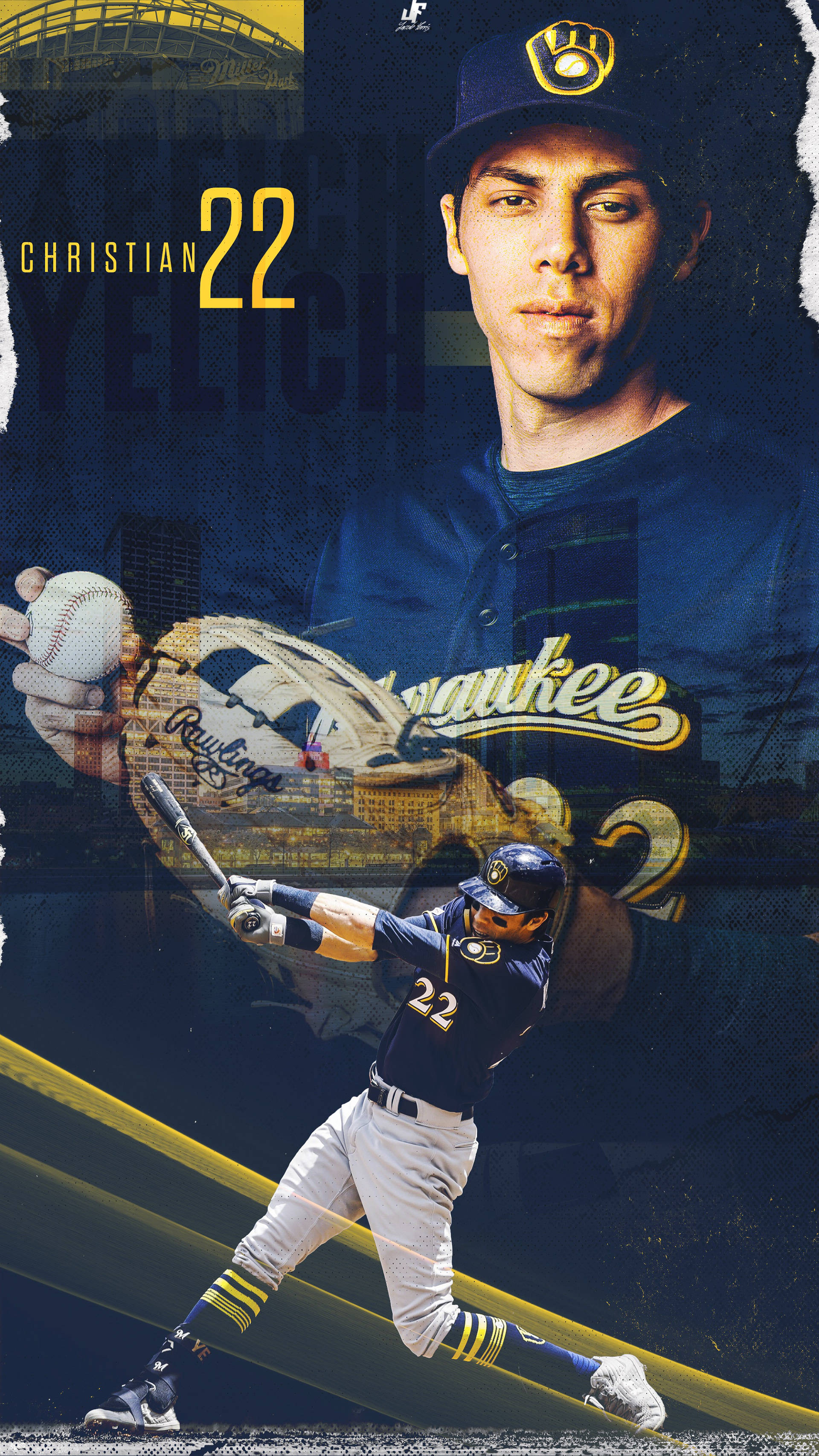 Yelich 桌布 壁紙 — 棒球選手 Christian Yelich 身穿密爾瓦基釀酒人隊制服，揮棒中，帶有動態模糊和鮮明的黃色點綴。
