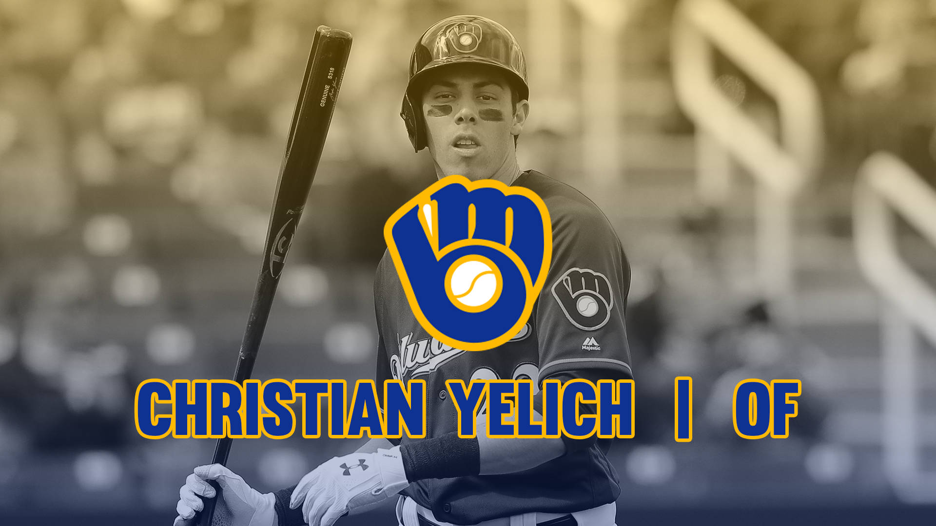 Brewers 桌布 壁紙 — 棒球選手 Christian Yelich 身穿密爾瓦基釀酒人隊制服，在球場上準備揮棒，帶有復古色調和球隊標誌疊加。