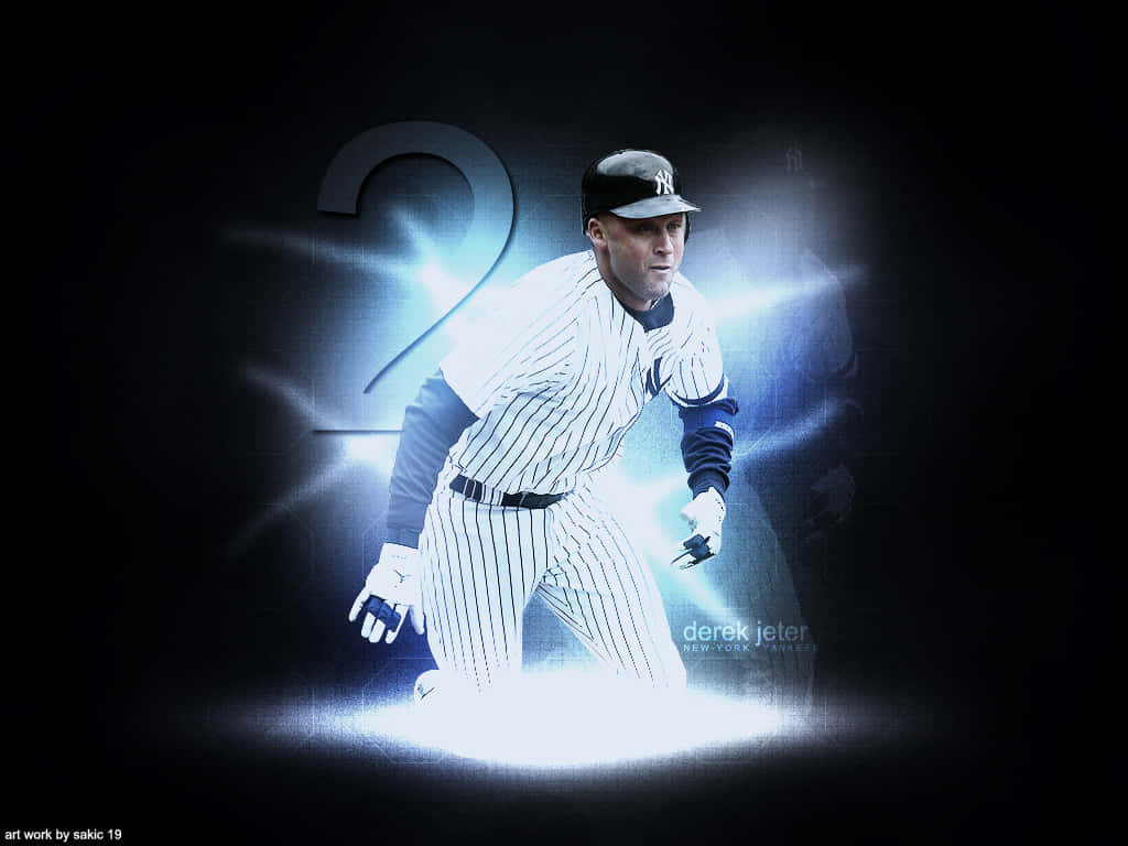 Derek Jeter 桌布 壁紙 — 棒球選手 Derek Jeter 身穿細條紋制服，在黑暗背景中散發明亮藍光，旁邊有一個巨大的數字二。