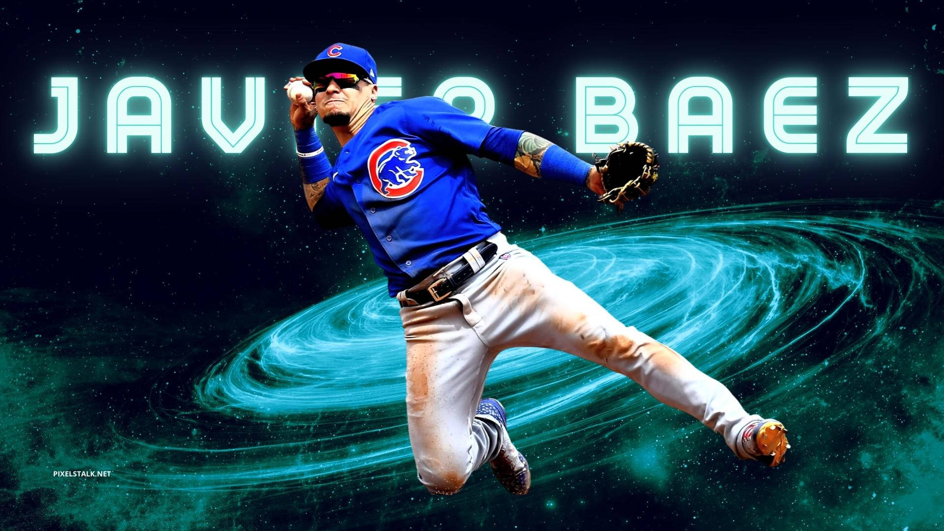 Baez 桌布 壁紙 — 棒球選手 Javier Baez 身穿芝加哥小熊隊制服，在旋轉的宇宙藍綠色星雲背景下投球，帶有發光名字文字。