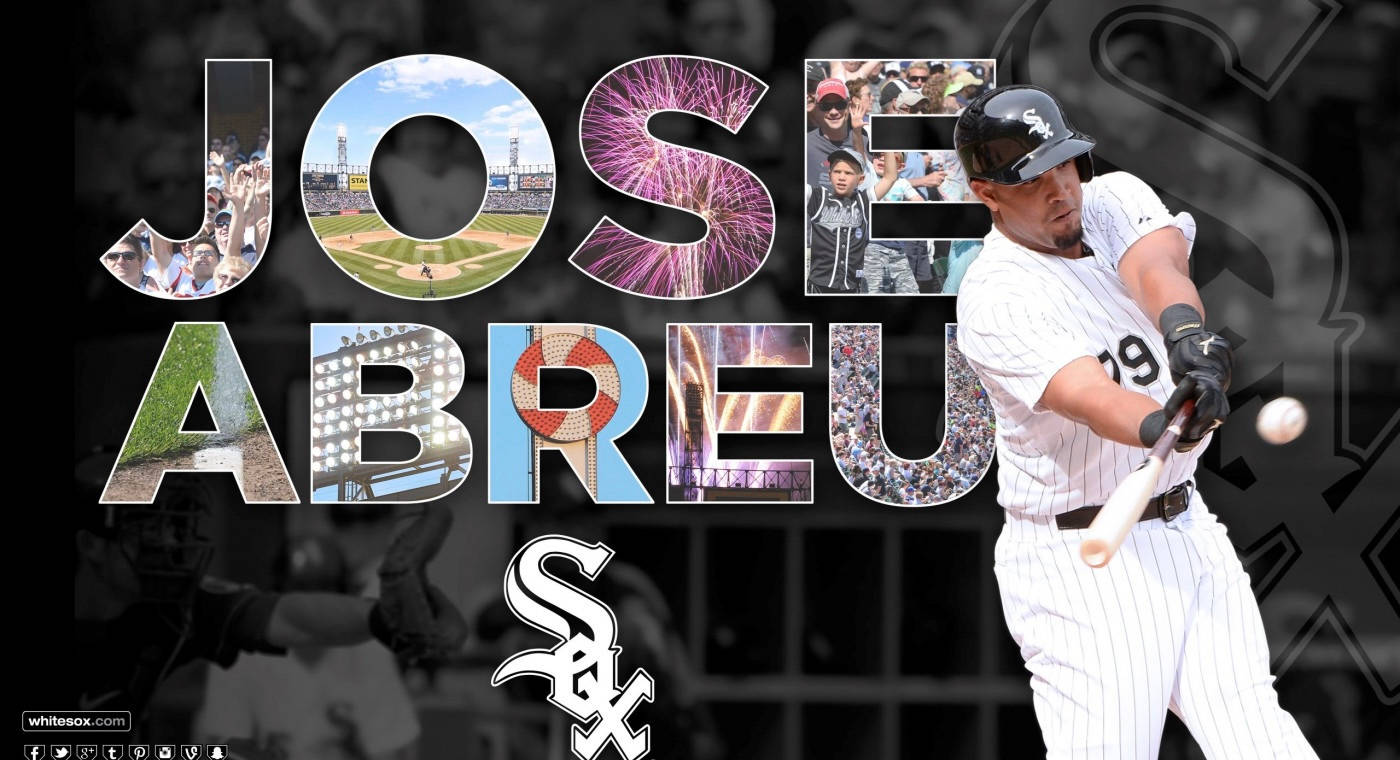 jose abreu 桌布 壁紙 — 棒球選手 Jose Abreu 身穿白色細條紋制服，正在揮棒，球場和煙火拼貼形成他的名字。