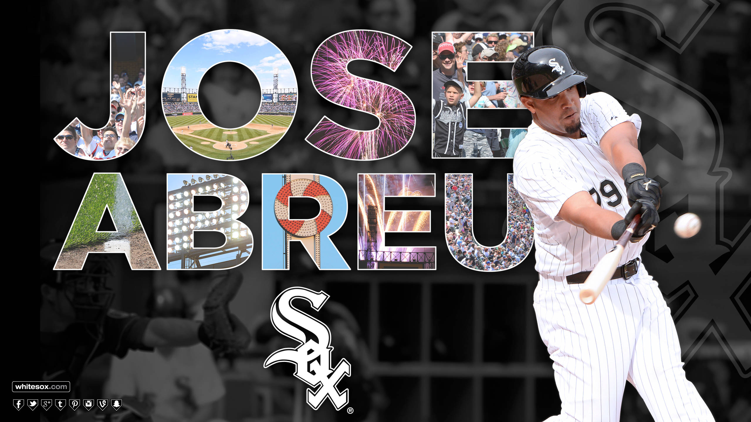 Chicago White Sox 桌布 壁紙 — 棒球選手 Jose Abreu 身穿白色細條紋制服，揮棒中，球在運動中，周圍是球場照片和煙火，位於風格化的名字字母內。