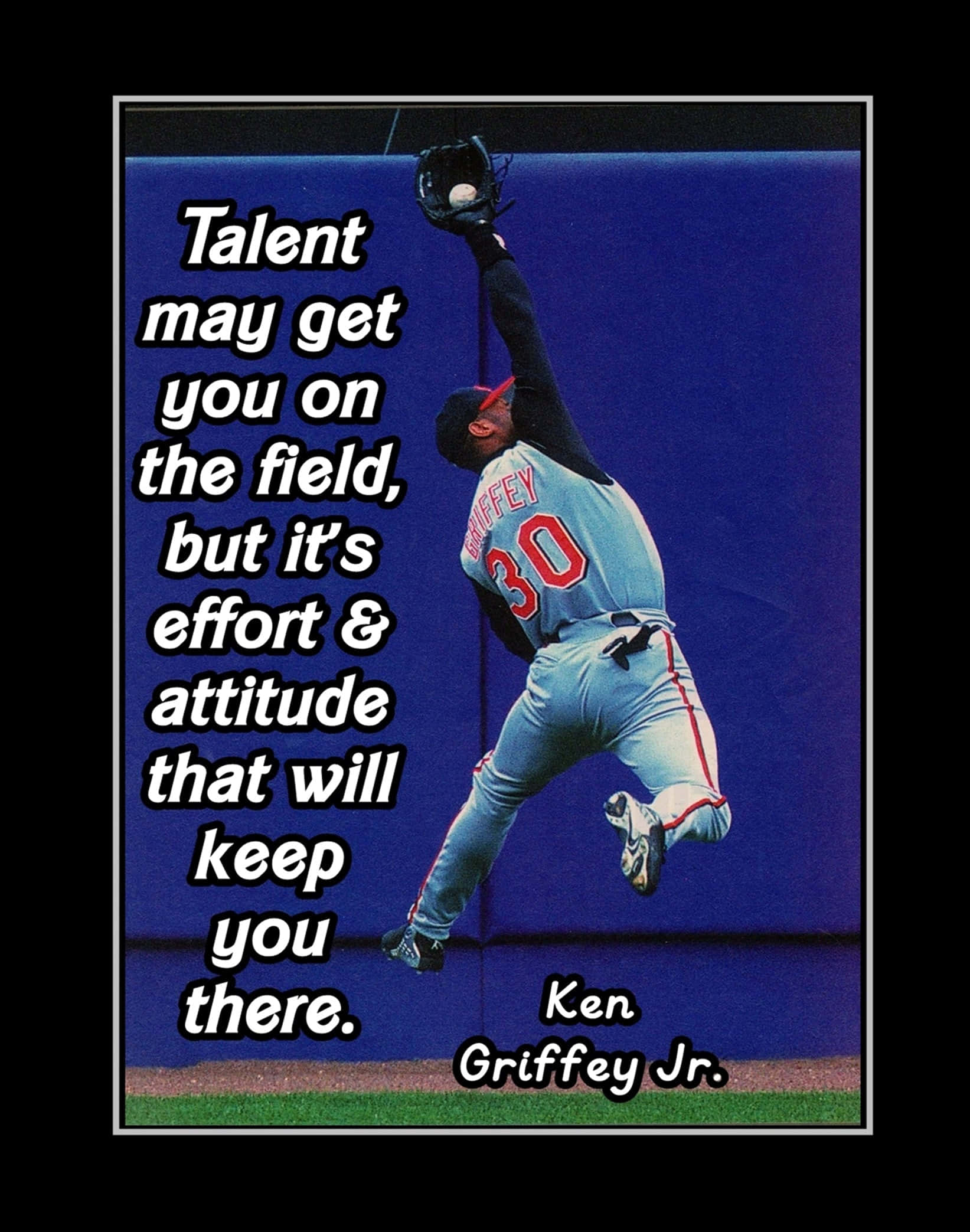 棒球名言 桌布 壁紙 — 棒球選手 Ken Griffey Jr. 在藍色牆前動態地躍起，用手套接球。