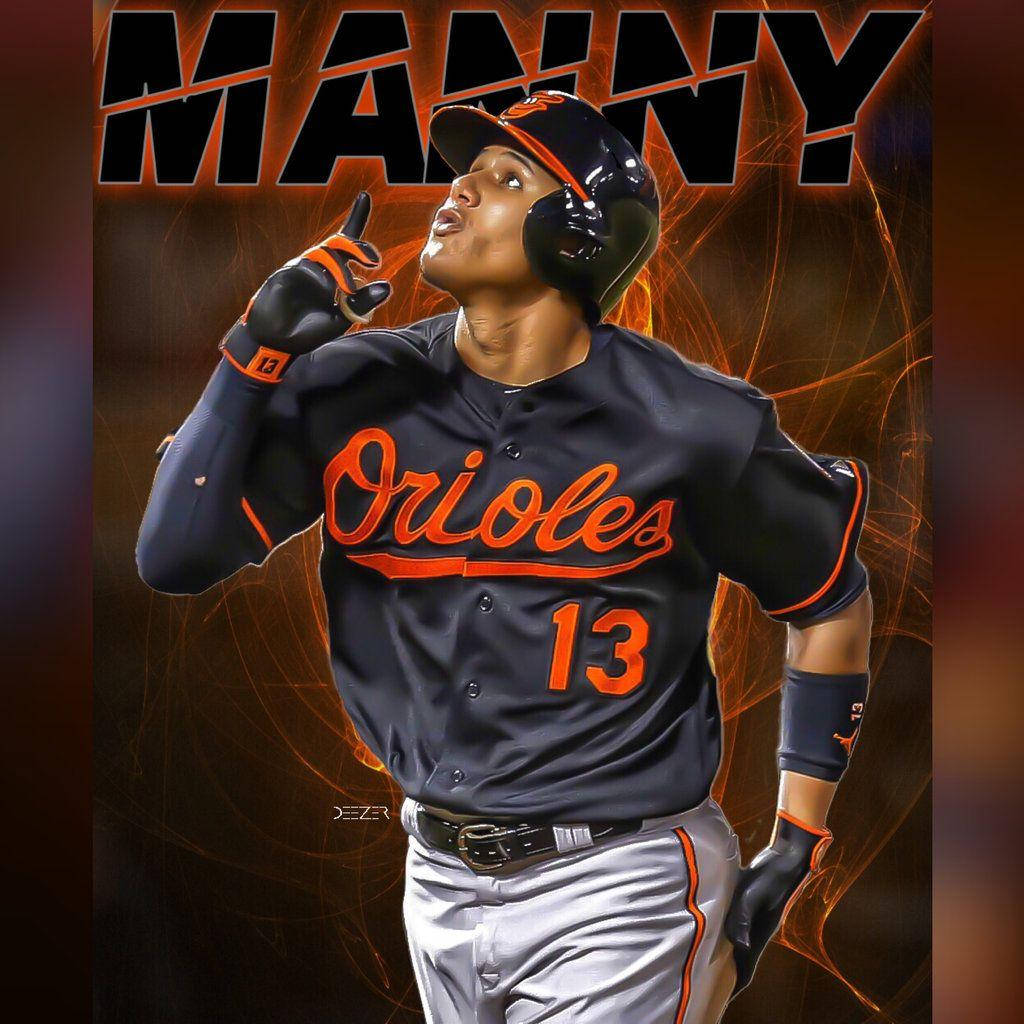 Machado 桌布 壁紙 — 棒球選手 Manny Machado 身穿金鶯隊球衣，手指放在嘴唇上慶祝，背景是熾熱的橙色能量漩渦。