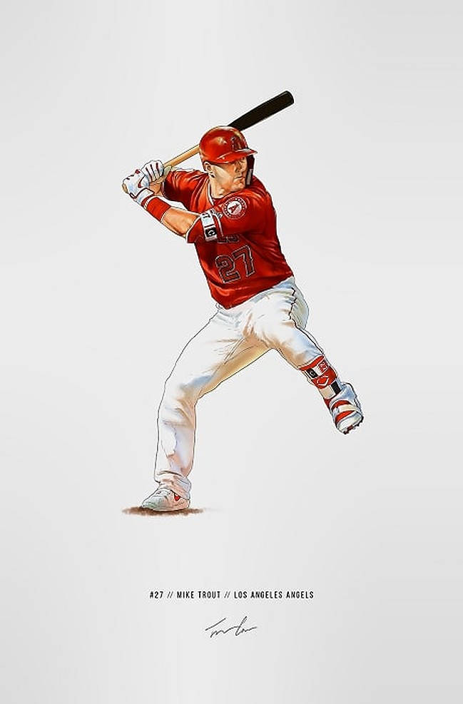 Mike Trout 桌布 壁紙 — 棒球選手 Mike Trout 身穿紅色天使隊球衣，揮棒中，球棒準備撞擊，背景簡潔。