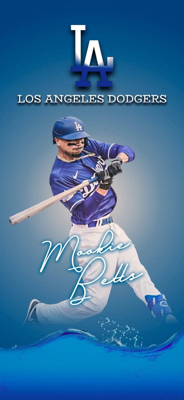 洛杉磯道奇隊 桌布 壁紙 — 棒球選手 Mookie Betts 身穿道奇隊制服，在漸變藍色背景及水花效果中揮棒。