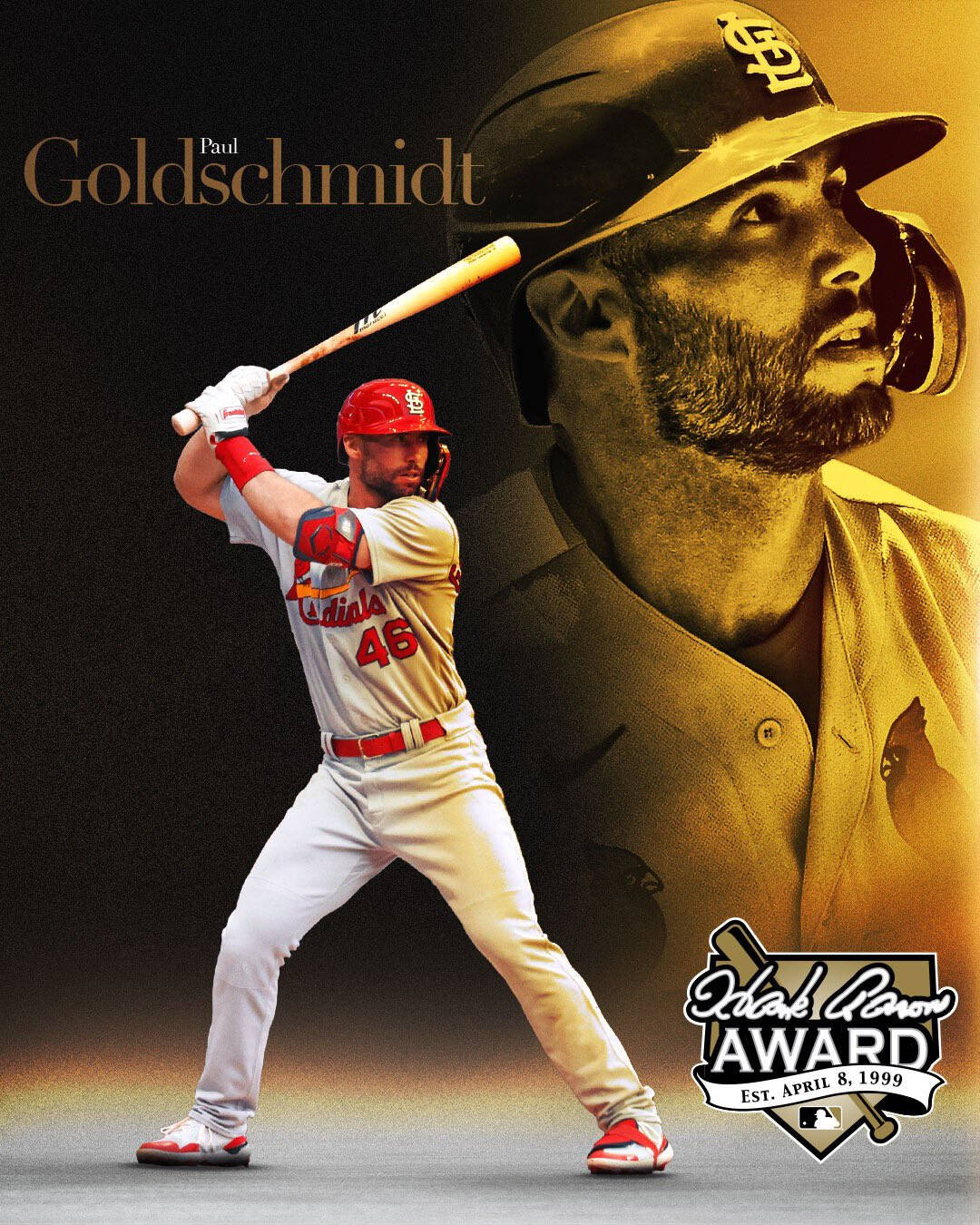 Paul Goldschmidt 桌布 壁紙 — 棒球選手 Paul Goldschmidt 以打擊姿勢，帶有金色肖像疊加和獎項標誌。