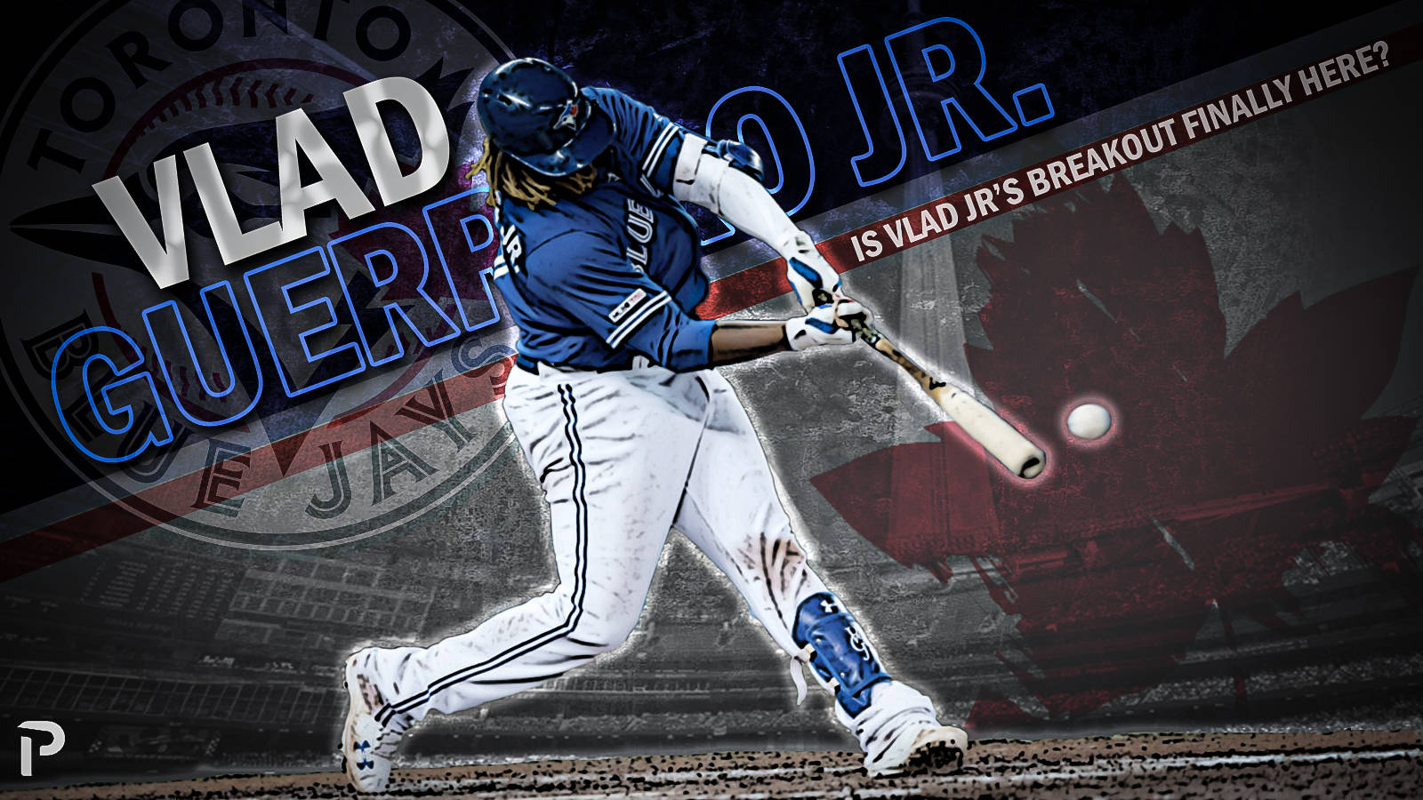 Vladimir 桌布 壁紙 — 棒球選手 Vlad Guerrero Jr. 用力揮棒，棒球朝他飛來，背景是多倫多藍鳥隊球場。