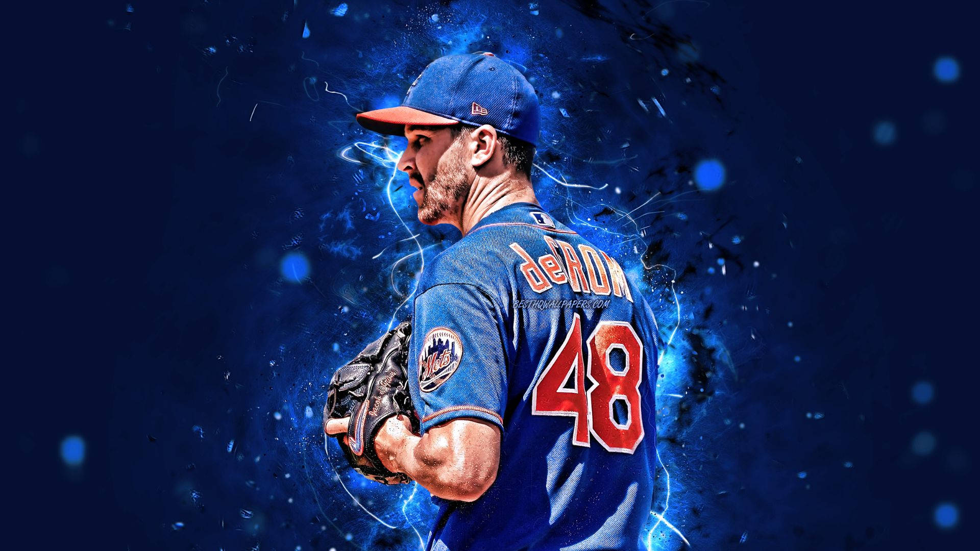 Degrom 桌布 壁紙 — 棒球選手Deron身穿藍色大都會隊48號球衣，在黑暗背景中站在電光藍色能量爆發中。