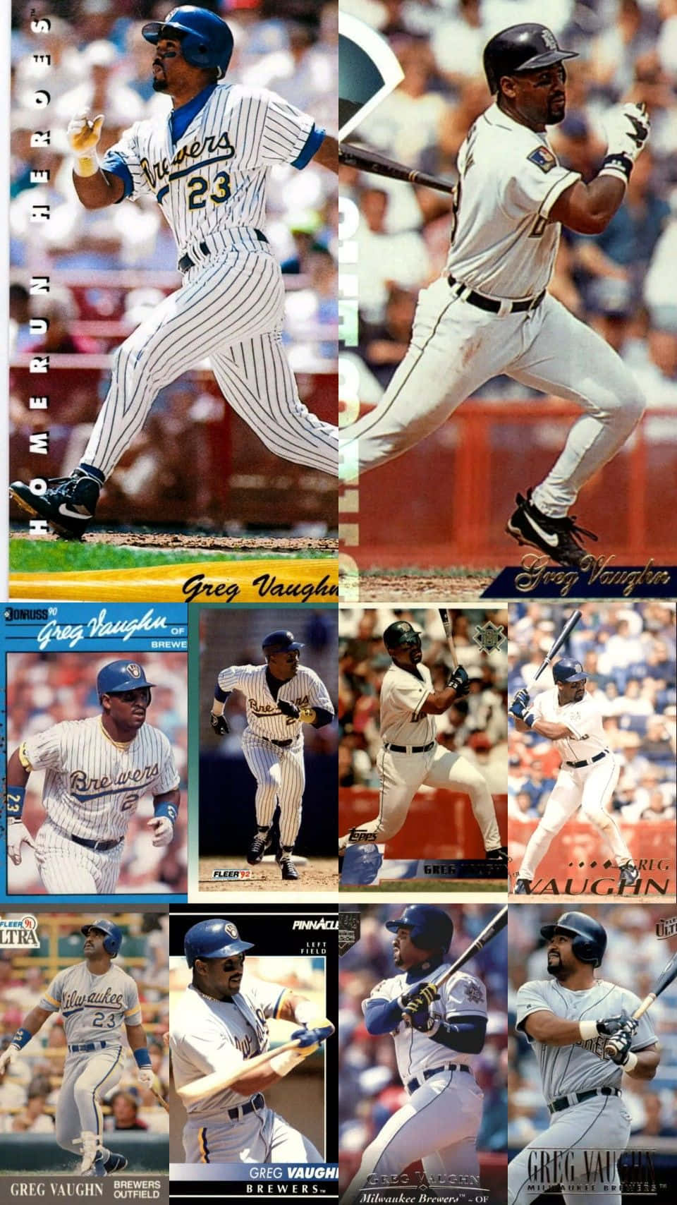 Baseball Cards 桌布 壁紙 — 棒球選手Greg Vaughn在多款卡片設計中展現揮棒和跑壘動作的動態拼貼。