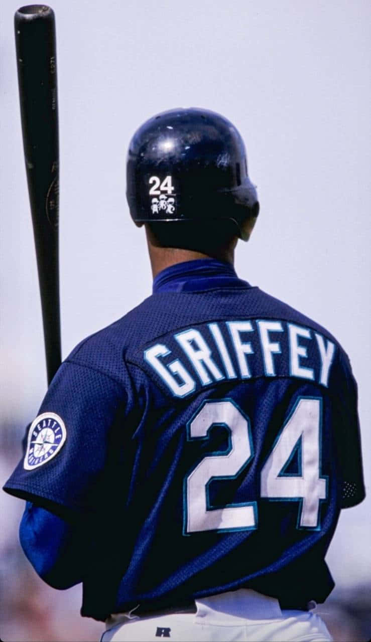 Jersey 桌布 壁紙 — 棒球選手Griffey身穿海軍藍球衣背號24，手持球棒面向明亮天空的背影。