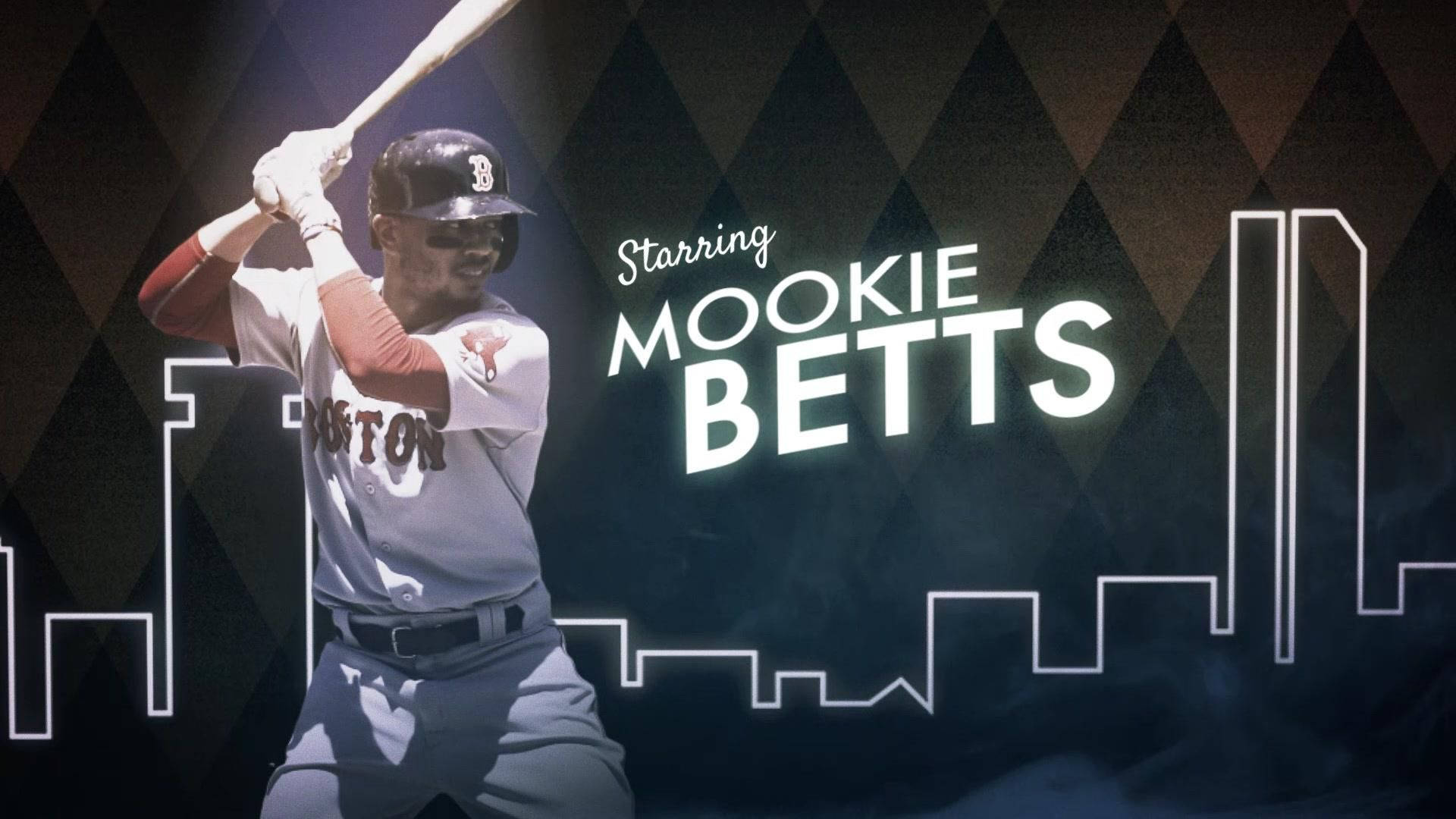 Mookie Betts 桌布 壁紙 — 棒球選手Mookie Betts身穿波士頓球衣，在深色鑽石圖案背景前準備揮棒，背景有發光的城市天際線輪廓。