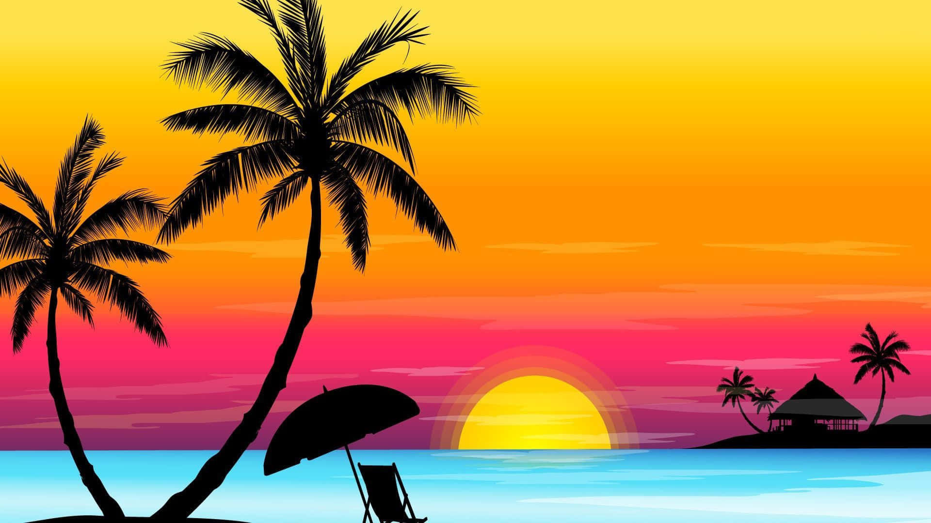 Beach Art 桌布 壁紙 — 棕櫚樹和沙灘椅的剪影框住了碧綠海水上 vibrant 的日落，遠岸有一座熱帶小屋。