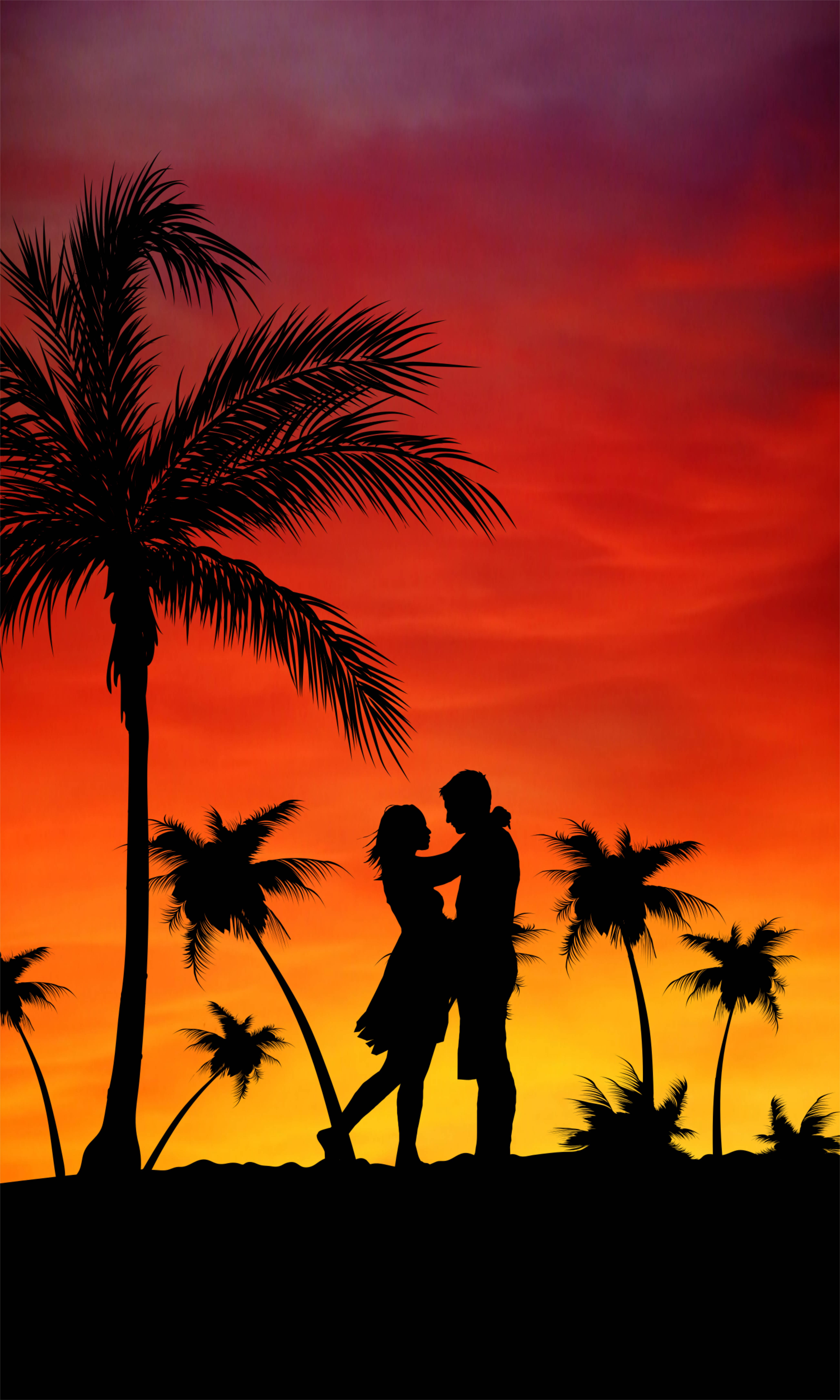 couple love 桌布 壁紙 — 棕櫚樹框住的鮮豔橙紅色日落天空下，一對情侶剪影擁抱。