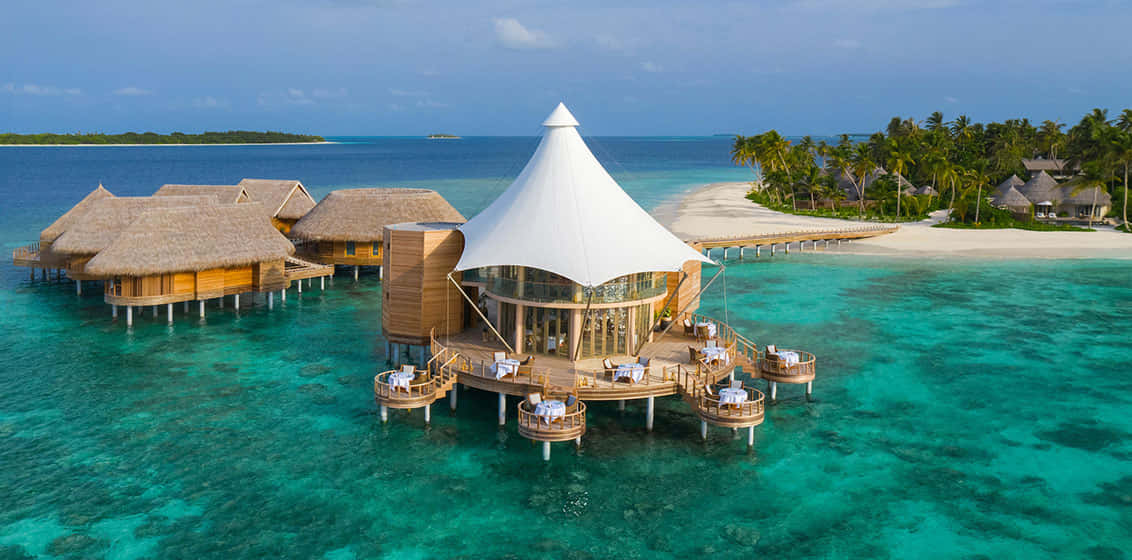 Maldives Island 桌布 壁紙 — 棕櫚樹環繞的海灘附近，碧綠海水上的豪華水上平房和白色帳篷亭的鳥瞰圖。