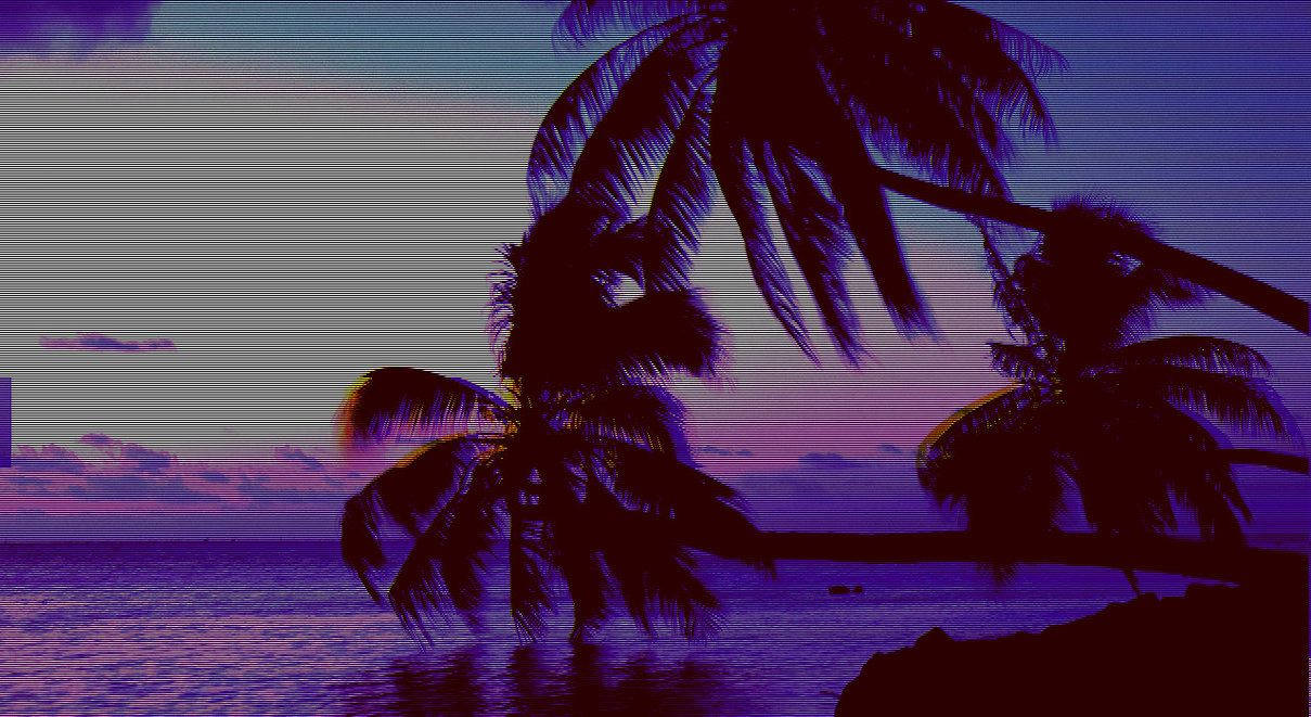 海洋 桌布 壁紙 — 棕櫚樹的剪影在平靜的海面上搖曳，映襯著充滿活力的紫色和粉紅色日落。
