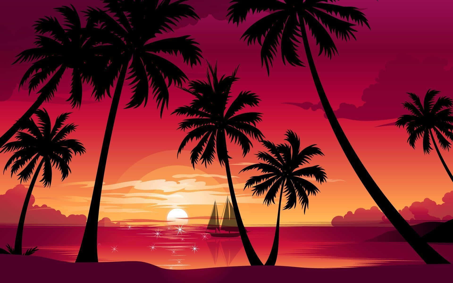 Pink Beach Sunset 桌布 壁紙 — 棕櫚樹的剪影框住一艘在平靜水面上的帆船，夕陽以火熱的橙色和洋紅色調落下。