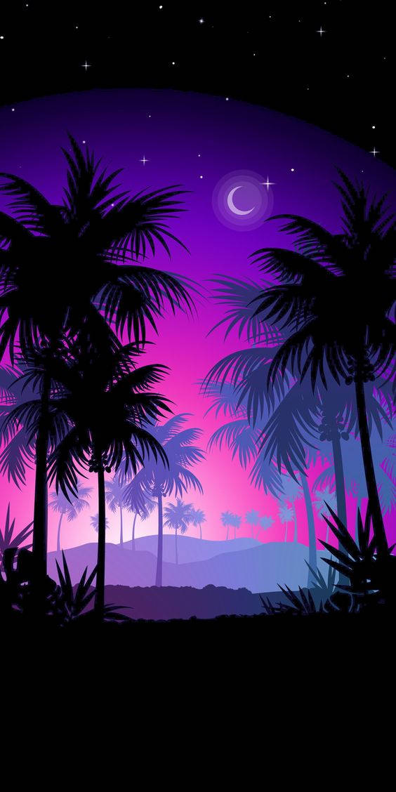 dark neon iPhone 桌布 壁紙 — 棕櫚樹的剪影框住了一個充滿活力的紫色和粉紅色暮色天空，帶有新月和星星。