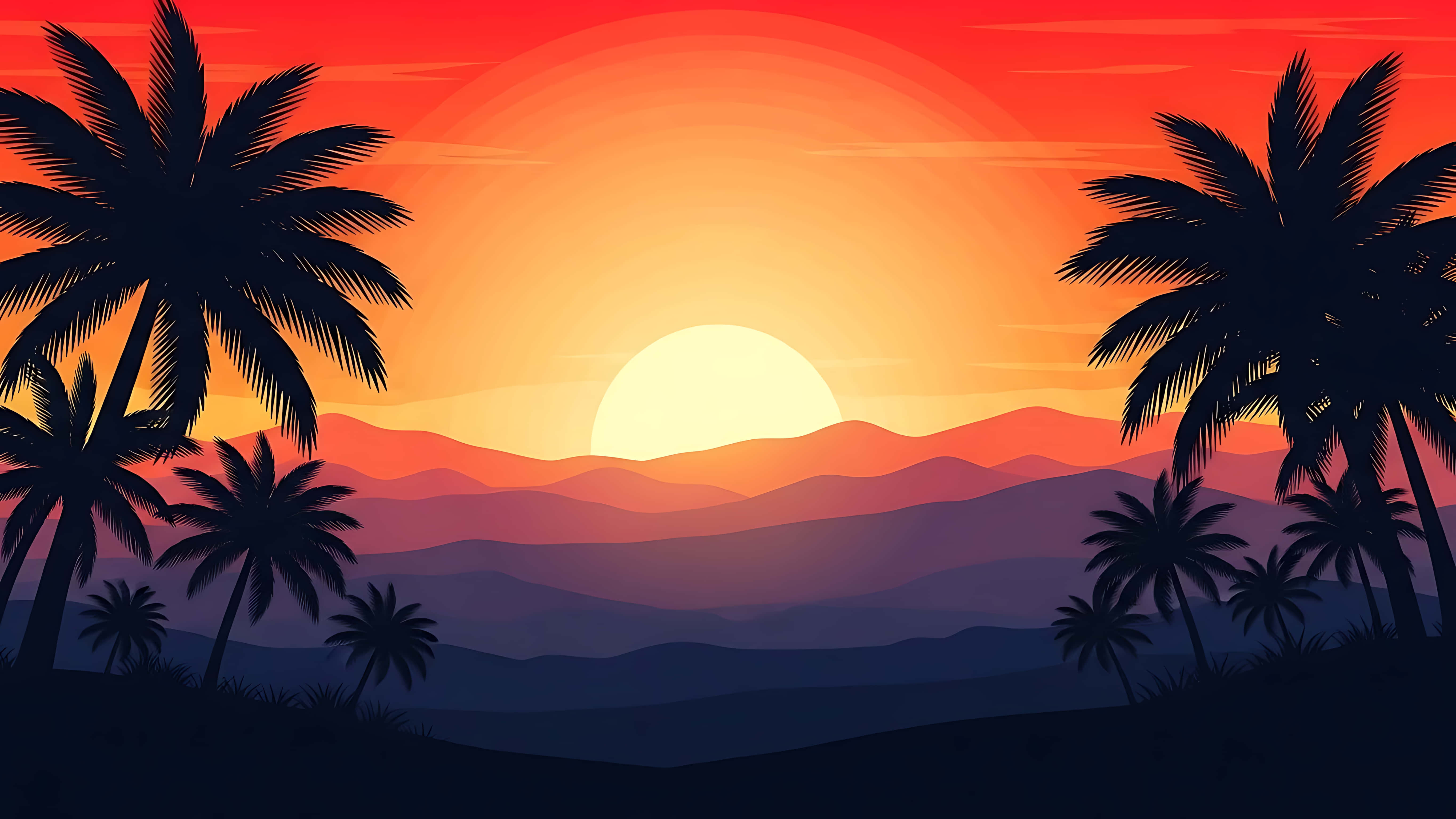 Tropical Sunset 桌布 壁紙 — 棕櫚樹的剪影框住了層層山脈上溫暖橙色和紫色色調的鮮豔日落。