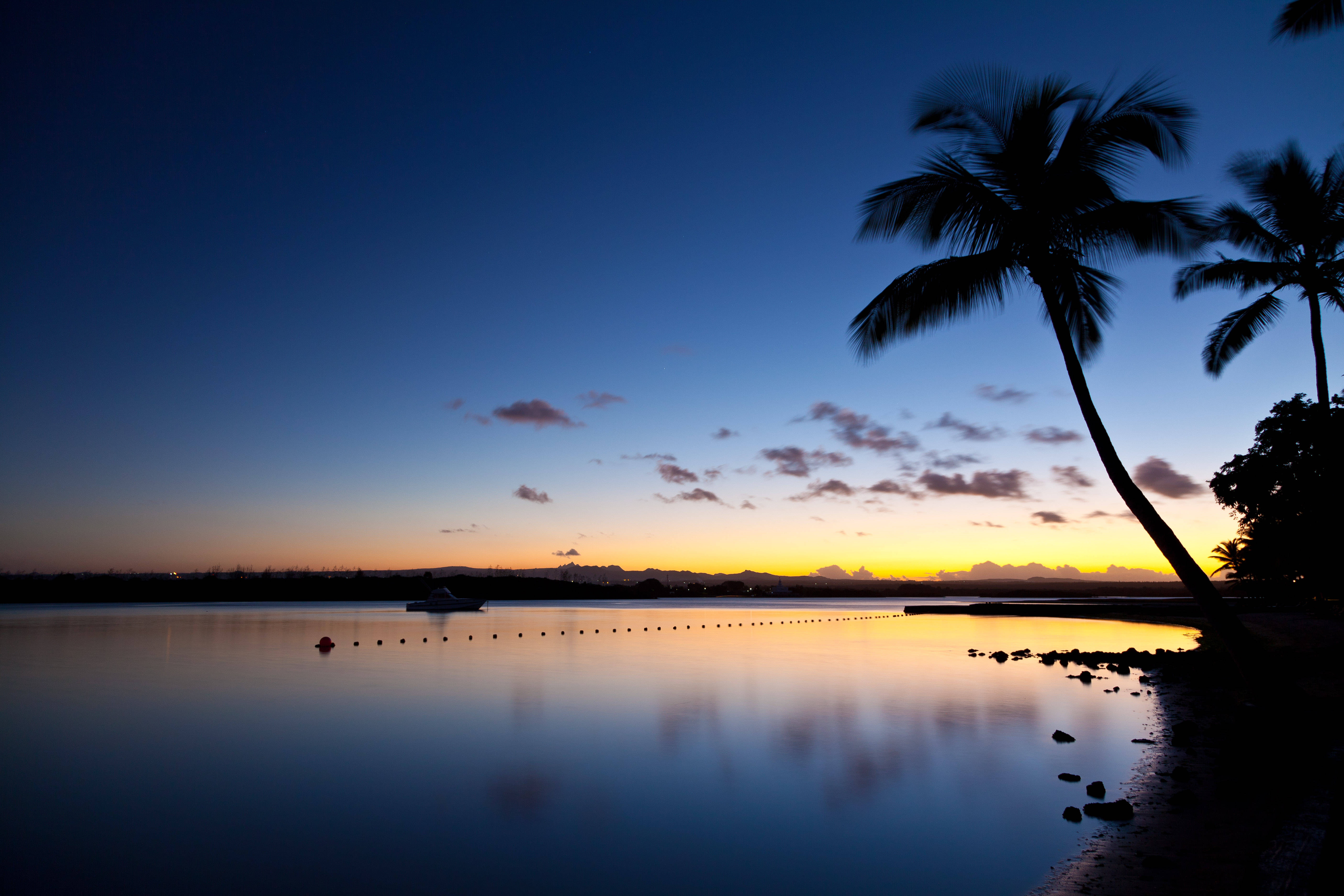 Mauritius 桌布 壁紙 — 棕櫚樹的剪影框出平靜水面上倒映著火橙色和深藍色天空的寧靜熱帶日落。