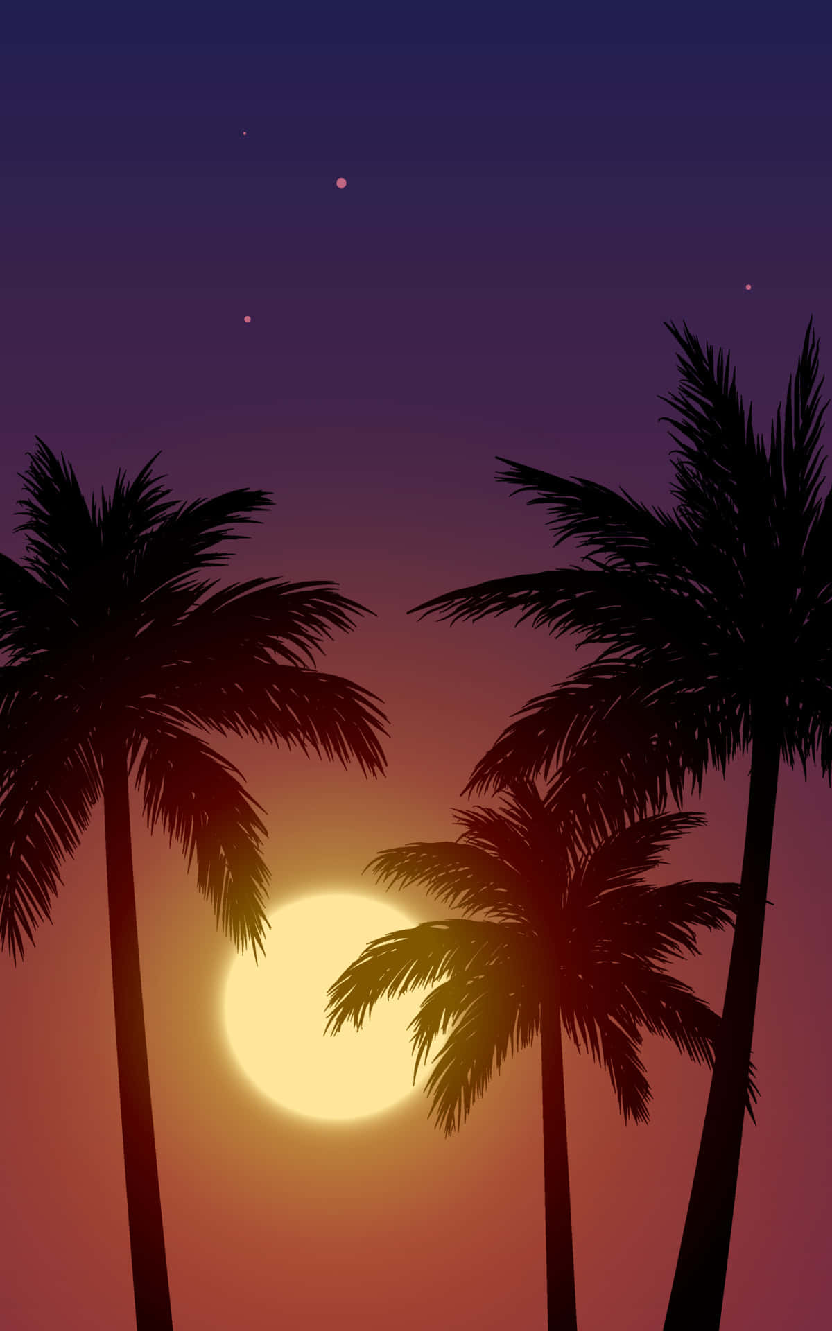 樹木 桌布 壁紙 — 棕櫚樹的剪影襯托著夕陽，在紫色和橙色漸變的天空中閃耀，點綴著閃爍的星星。