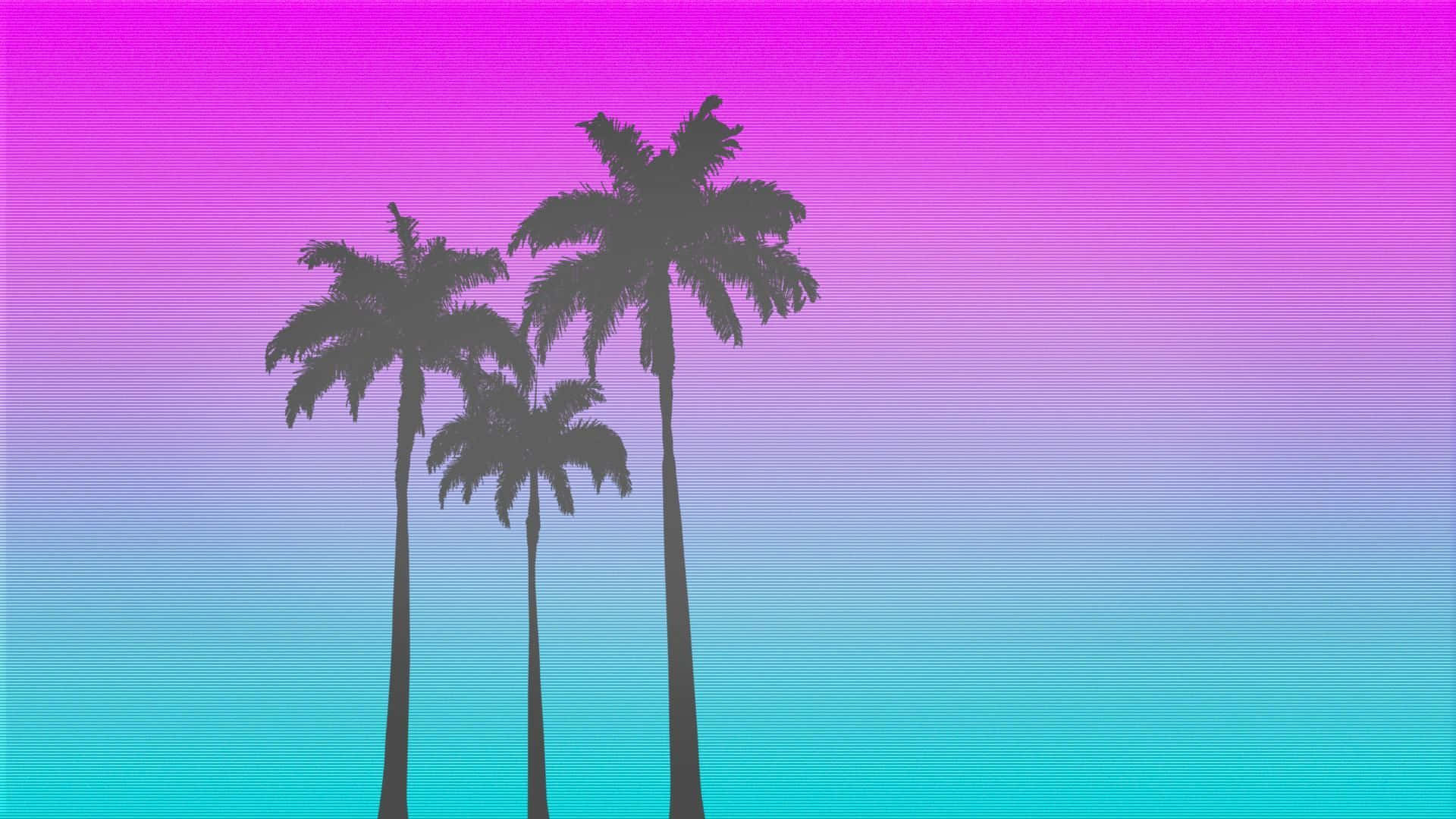 80s Aesthetic 桌布 壁紙 — 棕櫚樹的剪影高聳，映襯著從洋紅色漸變到青色的鮮豔天空。