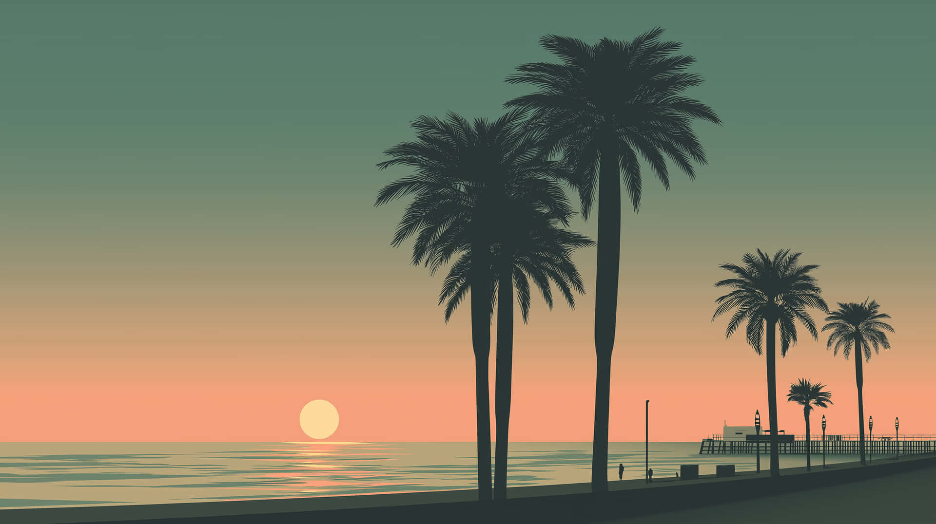 Retro Sunset Beach Landscape with Palm Trees and Ocean Horizon 壁紙 — 棕櫚樹的剪影高聳於漸變的日落天空之上，平靜的海洋中延伸出一條碼頭。