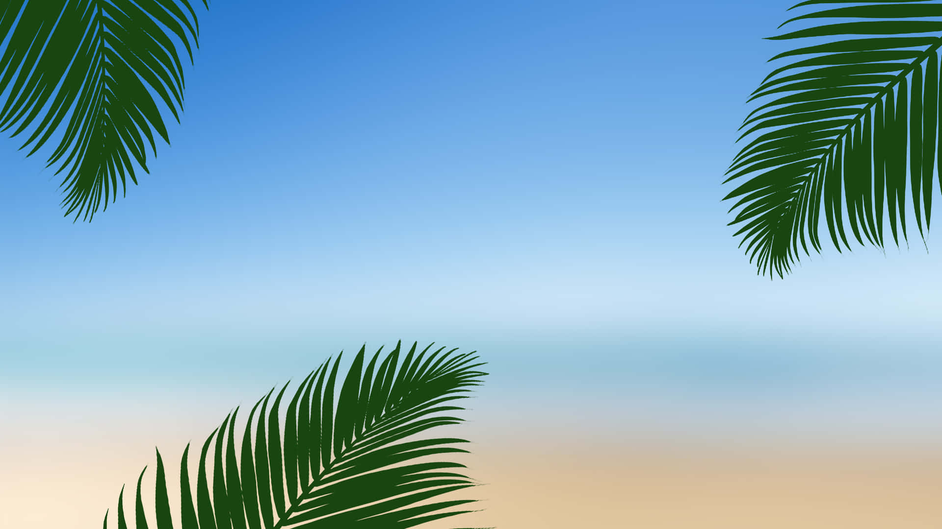 海灘 桌布 壁紙 — 棕櫚葉框住一個寧靜的熱帶海灘場景，帶有漸變藍色天空和金色沙灘。