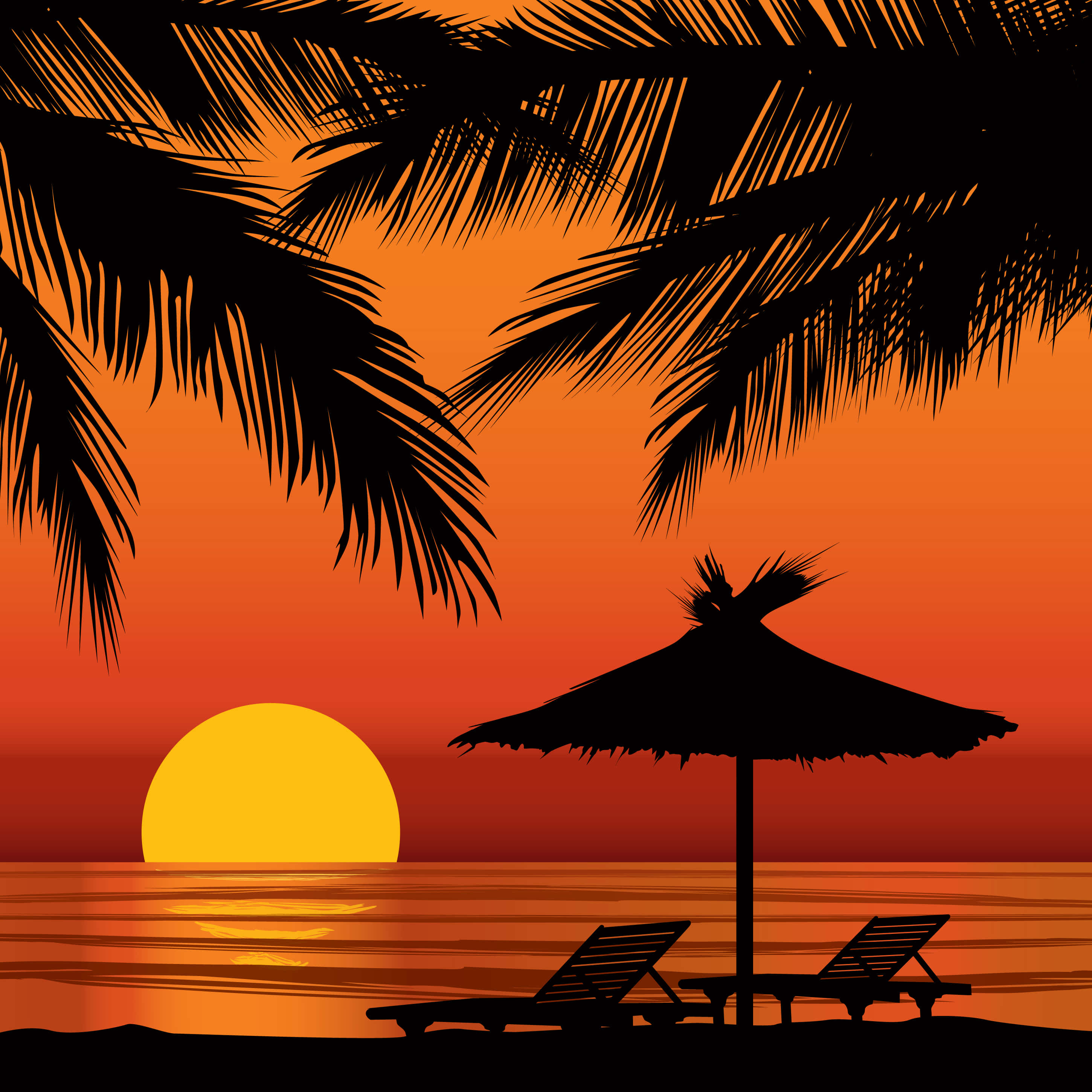 Beach Holiday 桌布 壁紙 — 棕櫚葉的剪影框住平靜海面上 vibrant 的橙色日落，兩張躺椅在茅草傘下。