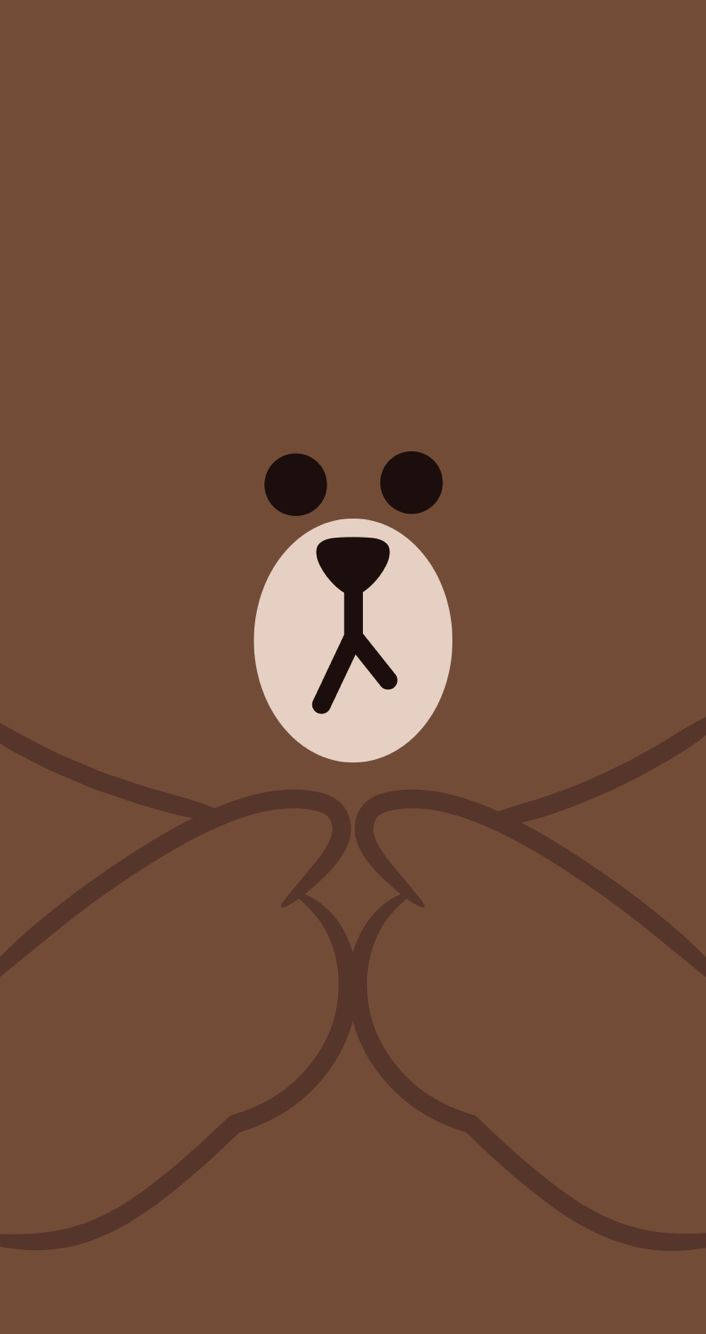Line 桌布 壁紙 — 棕熊臉部的極簡插圖，帶有簡單的黑色眼睛、鼻子和嘴巴，居中在純棕色背景上。