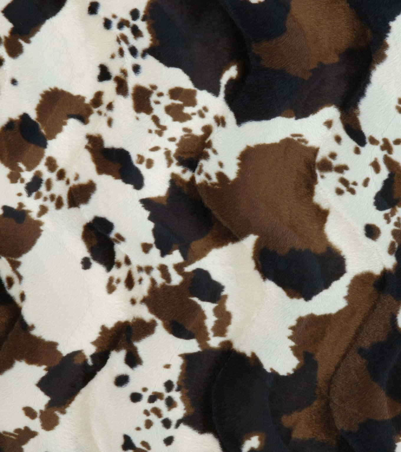 Cow Hide 桌布 壁紙 — 棕色、黑色和白色逼真乳牛印花圖案的柔軟毛絨毯子特寫。