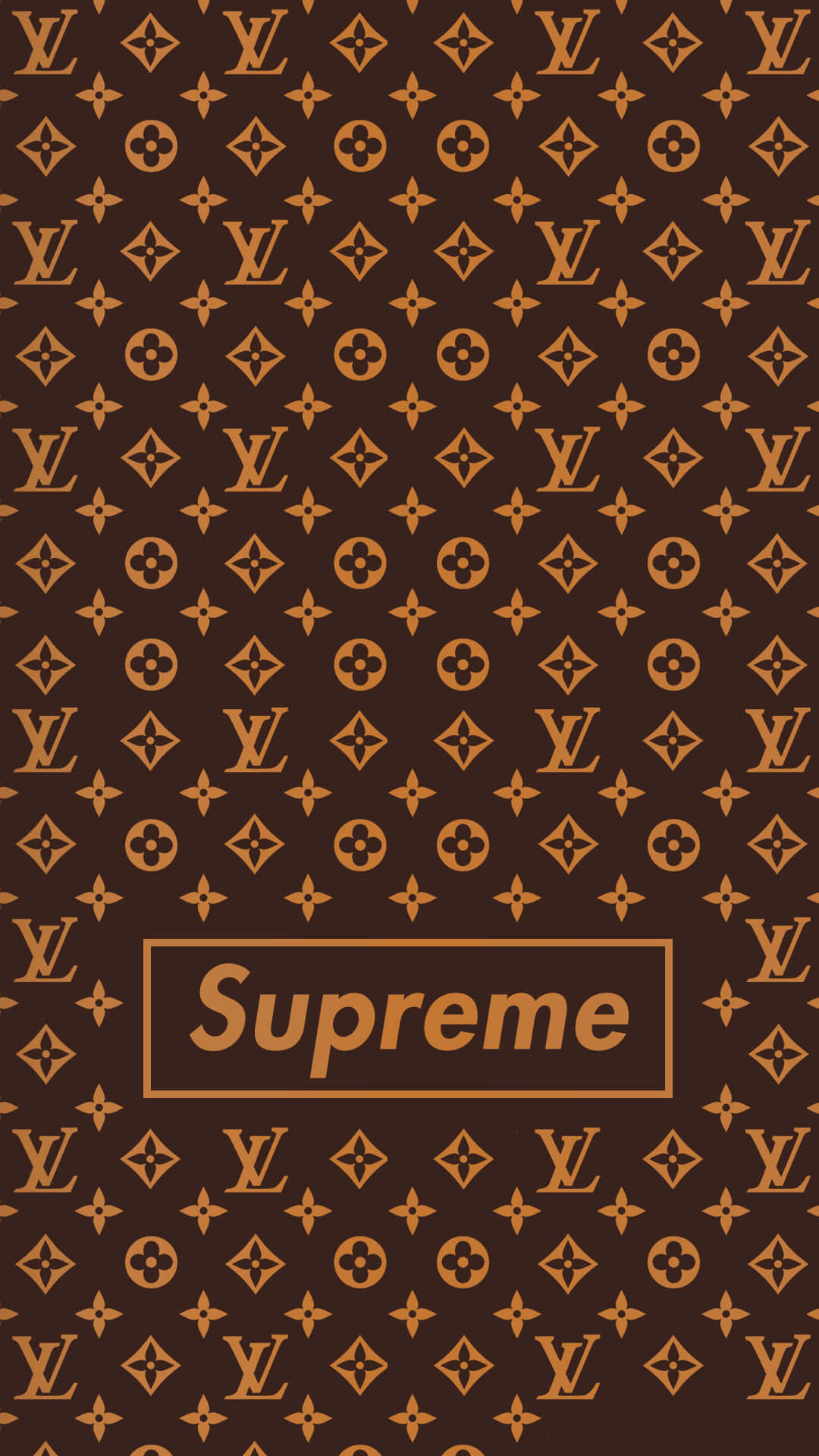 路易威登 桌布 壁紙 — 棕色壁紙，帶有重複的金色 Louis Vuitton 字母組合圖案和中央 Supreme 標誌。
