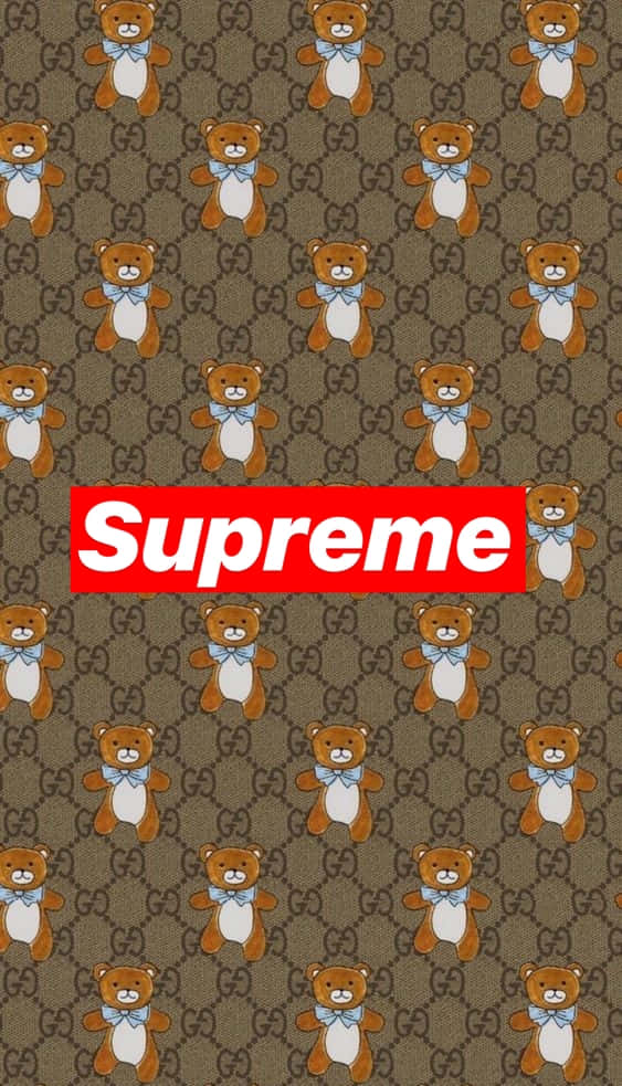 壁紙，重複的泰迪熊在Gucci圖案上，中央有Supreme標誌。 — Gucci GIF 壁紙