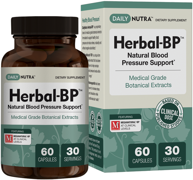 Medicine Bottle 桌布 壁紙 — 棕色瓶子和匹配的盒子，內含 Daily Nutra Herbal-BP 膳食補充劑，採用醫用級植物萃取物，自然支持血壓。