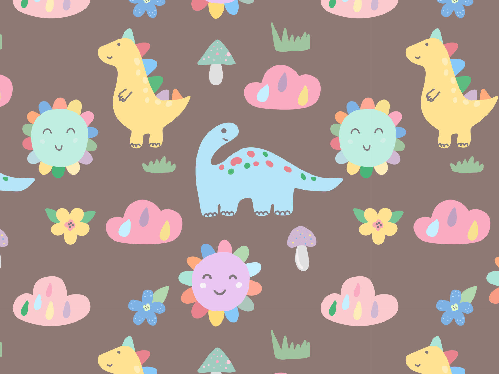 Cute Dinosaur Pattern 桌布 壁紙 — 棕色背景上的粉彩顏色可愛卡通恐龍、花和雲。