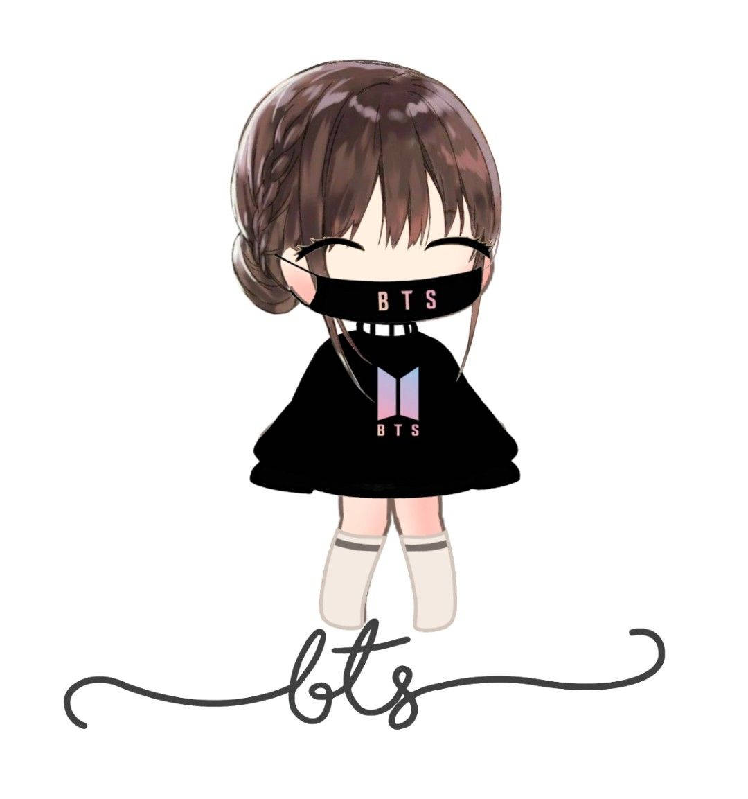 Q版動漫女孩戴著BTS口罩和連帽衫，下方有草書BTS標誌。 — BTS 防彈少年團 粉絲 女孩 GIF 壁紙