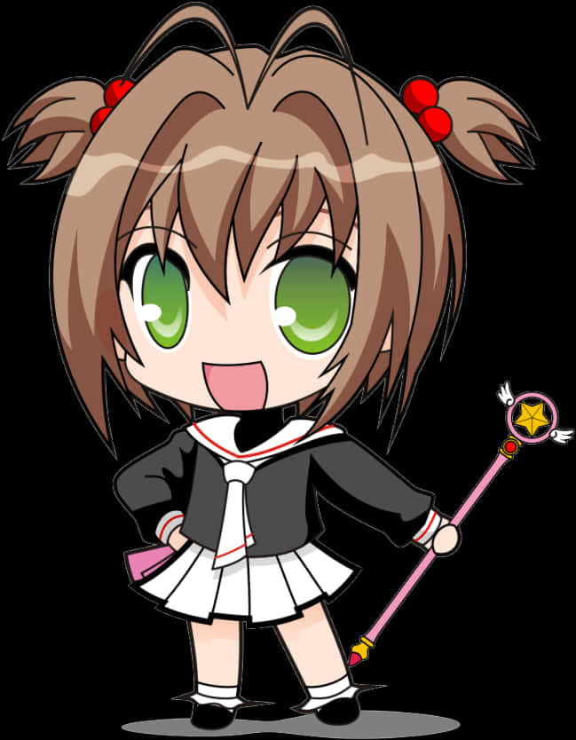 Anime Chibi 桌布 壁紙 — 棕色雙馬尾、綠色眼睛的Q版動畫女孩，身穿水手服，揮舞著粉紅色星星魔杖。