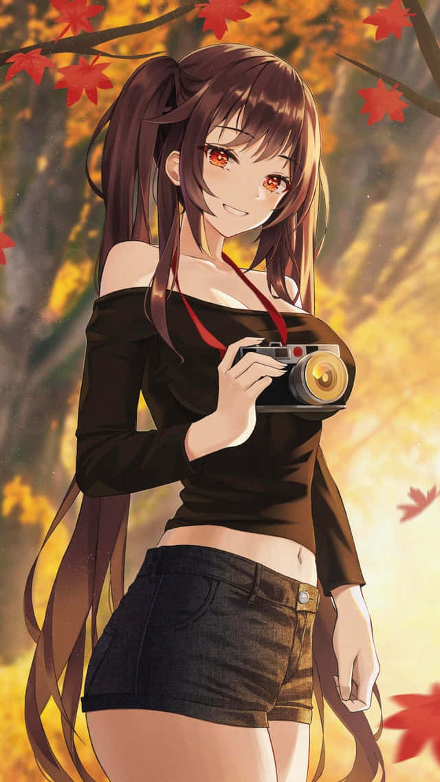 相機 桌布 壁紙 — 棕色雙馬尾紅眼動漫女孩在飄落的秋葉下微笑著拿著相機。