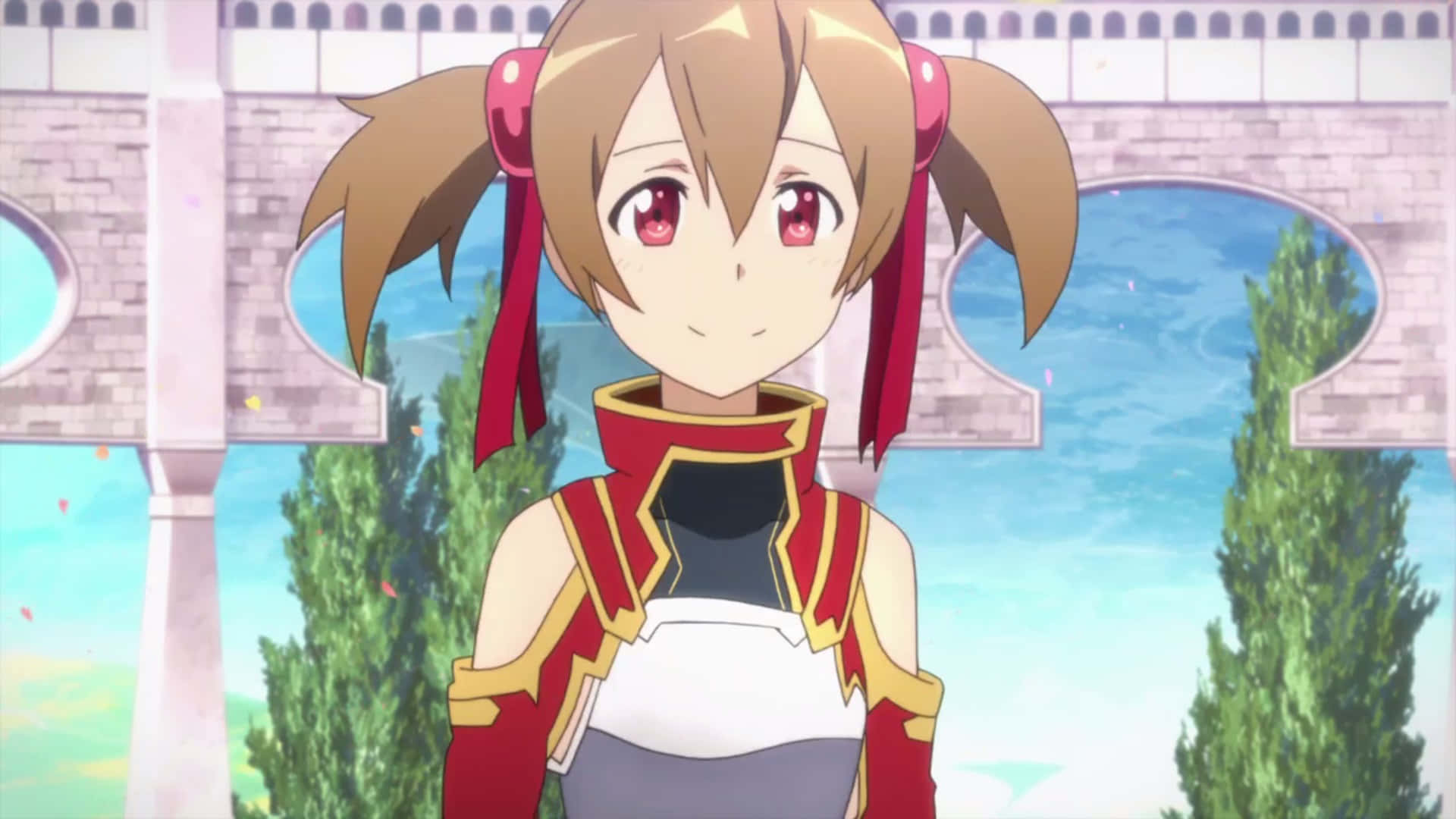 Sword Art Online Silica 桌布 壁紙 — 棕色雙馬尾紅眼動漫少女站在石橋前，背後有綠樹和藍天。