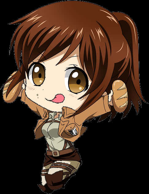 Anime Chibi 桌布 壁紙 — 棕色頭髮、大眼睛的Q版動漫女孩，穿著棕色服裝，以跑步姿勢呈現。